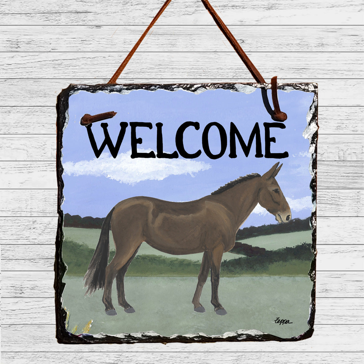 Mule in a field illustration on a square hanging slate welcome sign.