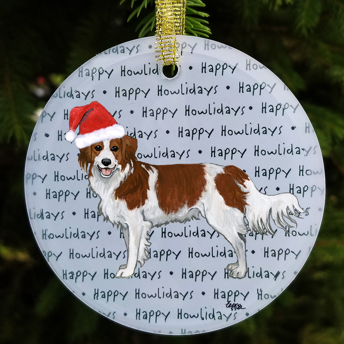 Nederlandse Kooikerhondje in a Santa Hat Glass Christmas Ornament with a repeating Happy Howlidays background.