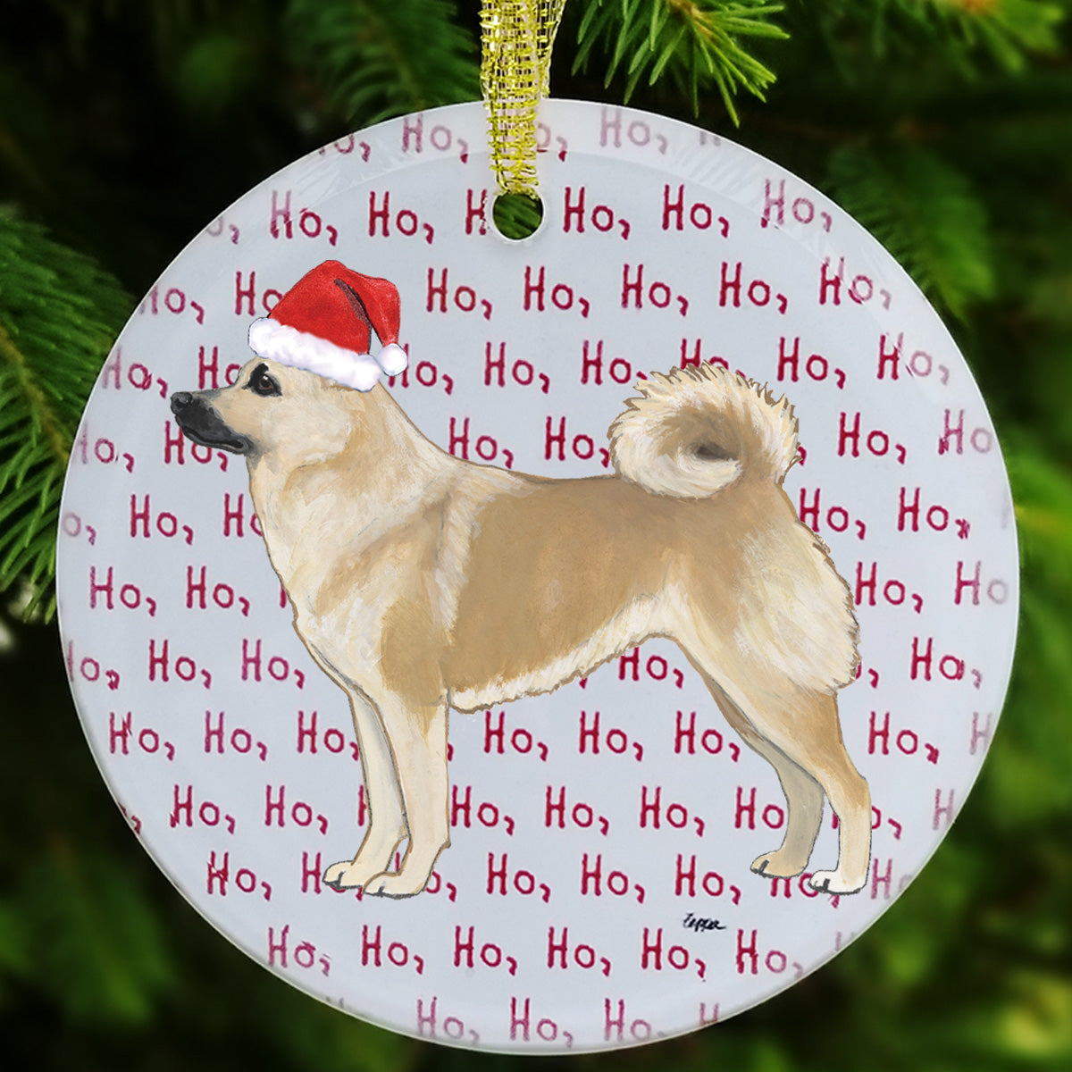 Norwegian Buhund on ho ho ho text background ornament.