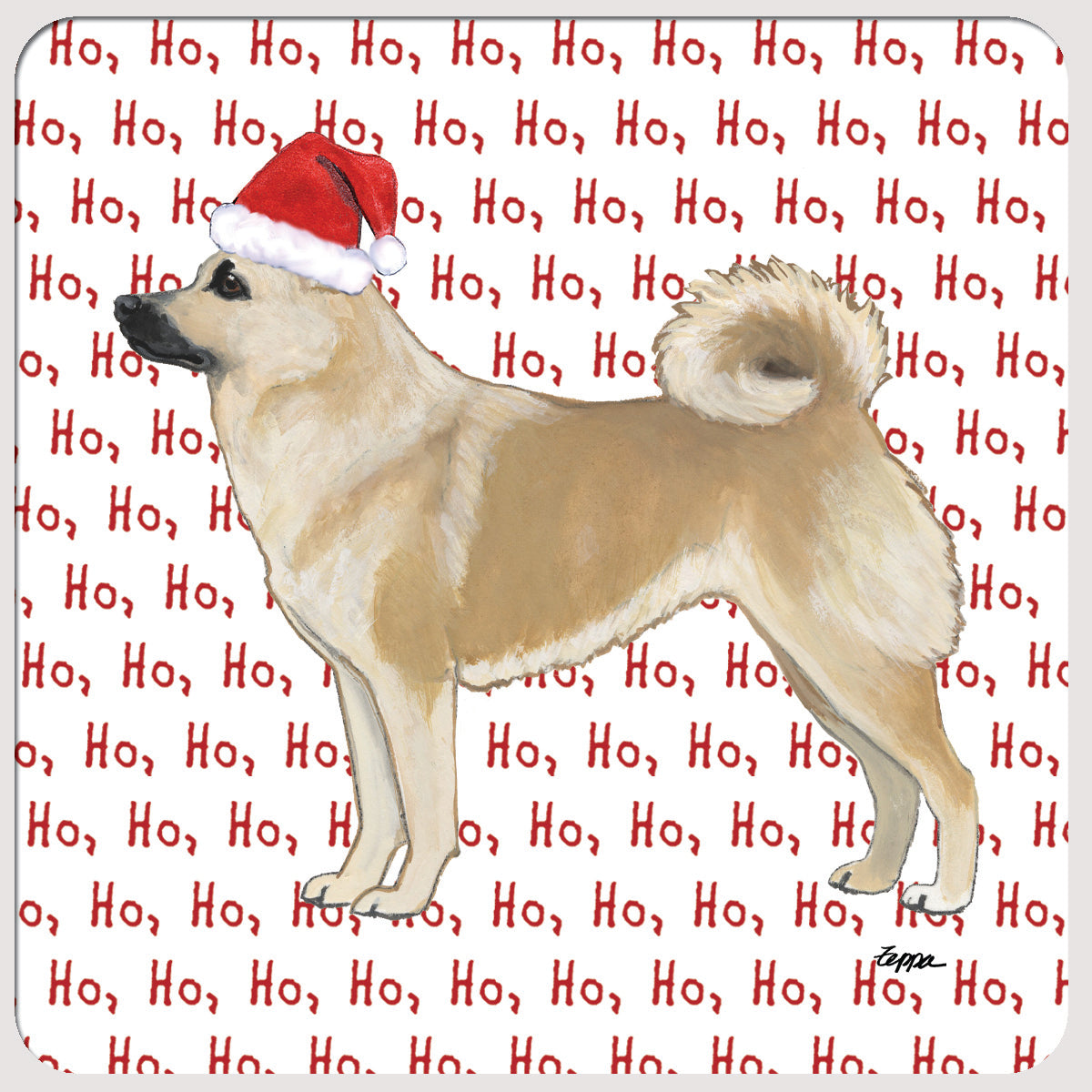 Norwegian Buhund on ho ho ho text background beverage coasters.