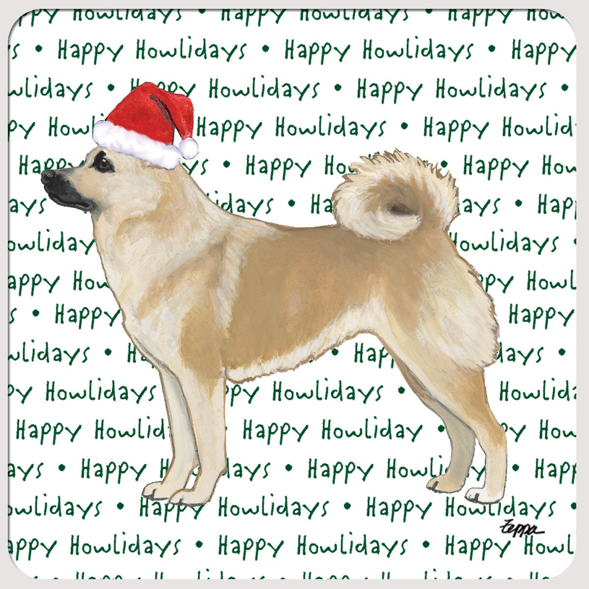 Norwegian Buhund on happy howlidays text background beverage coasters.