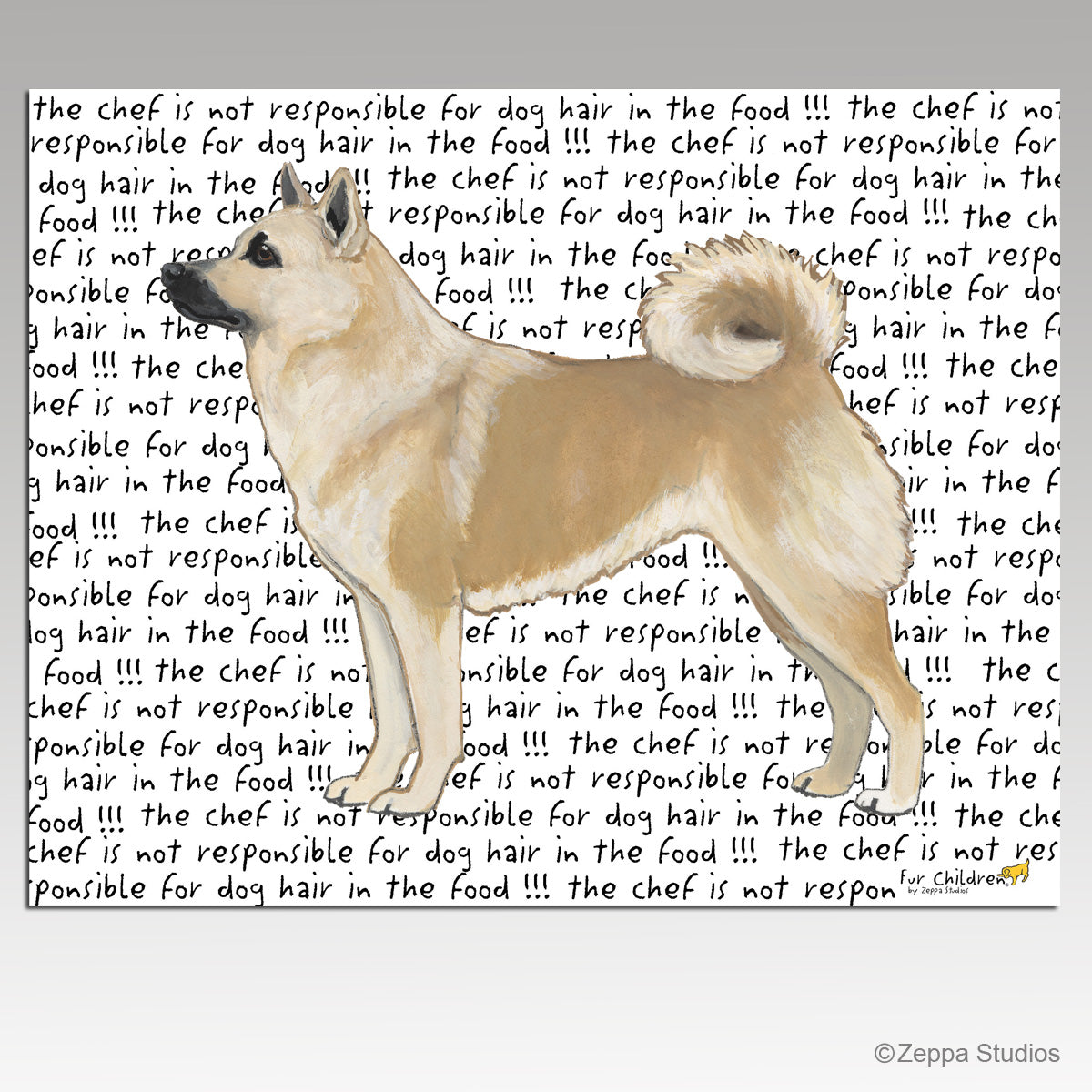 Norwegian Buhund tempered glass cutting board design with repeating text background,