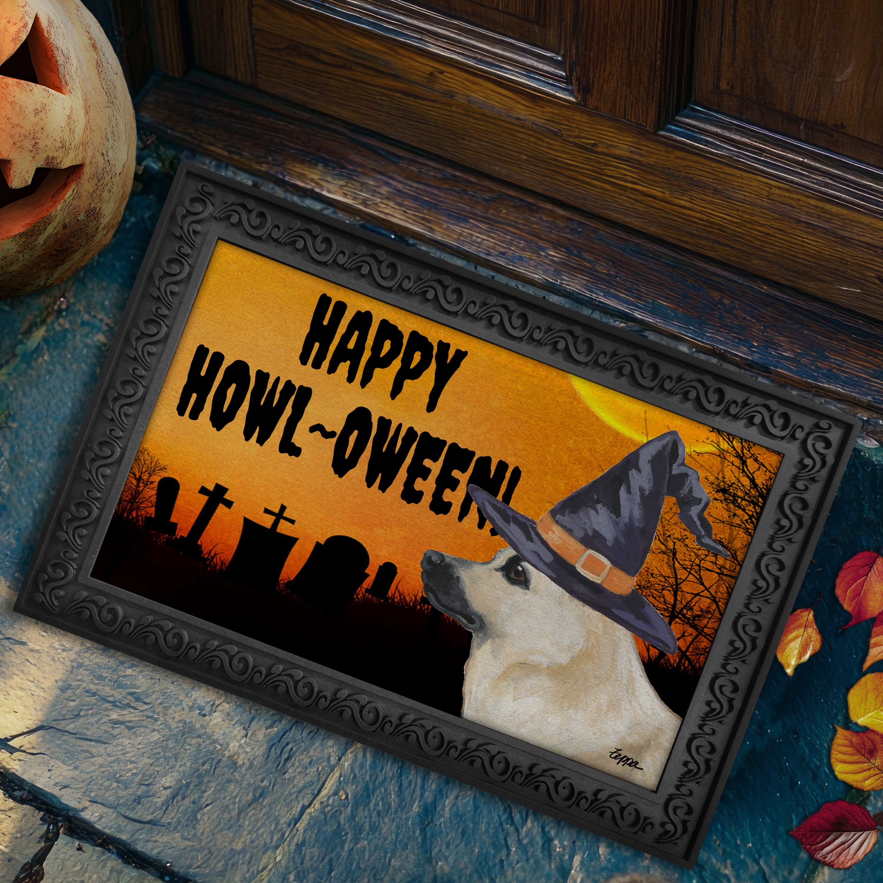 Norwegian Buhund Happy Howl-oween Door Mat