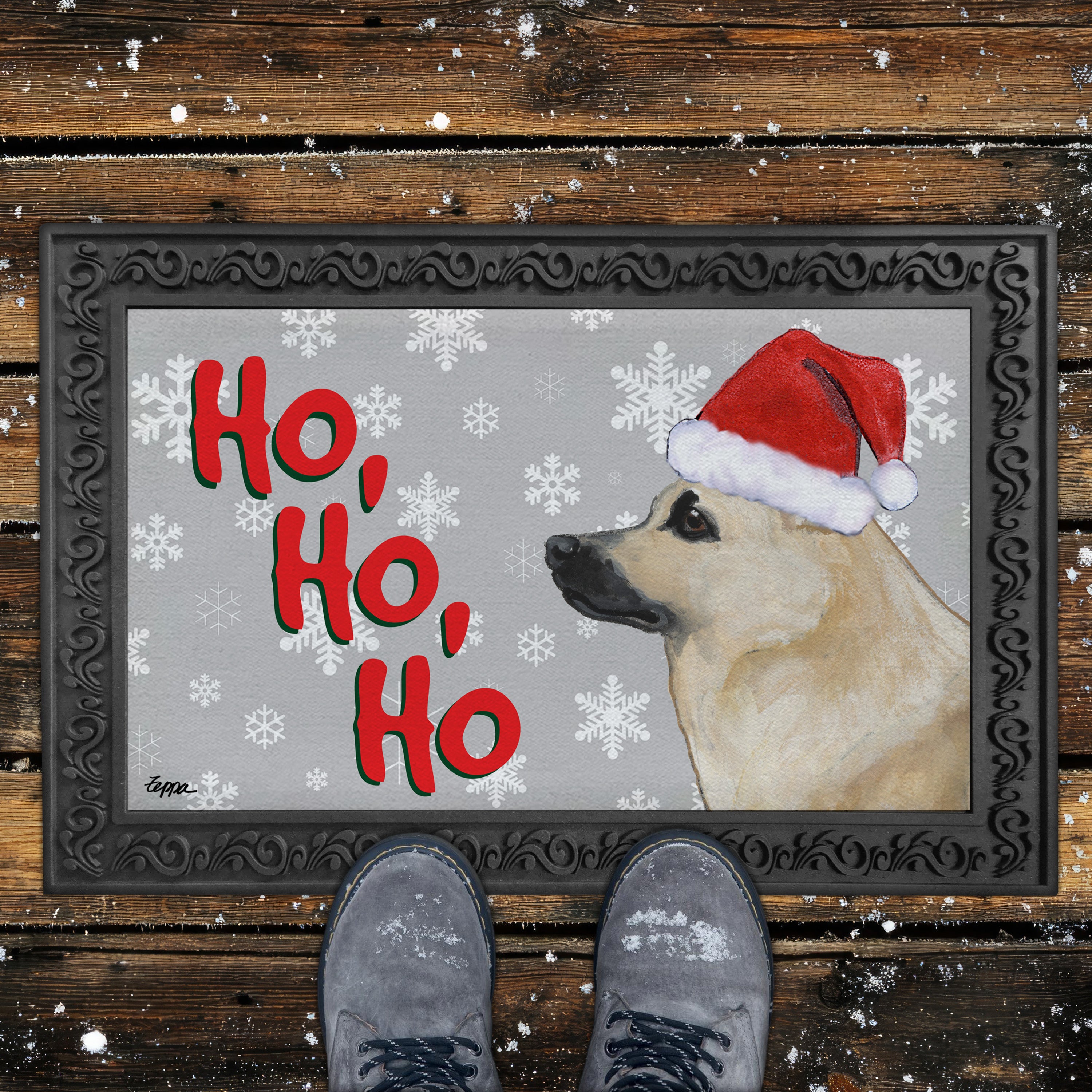 Norwegian Buhund Ho Ho Ho Doormat in Grey