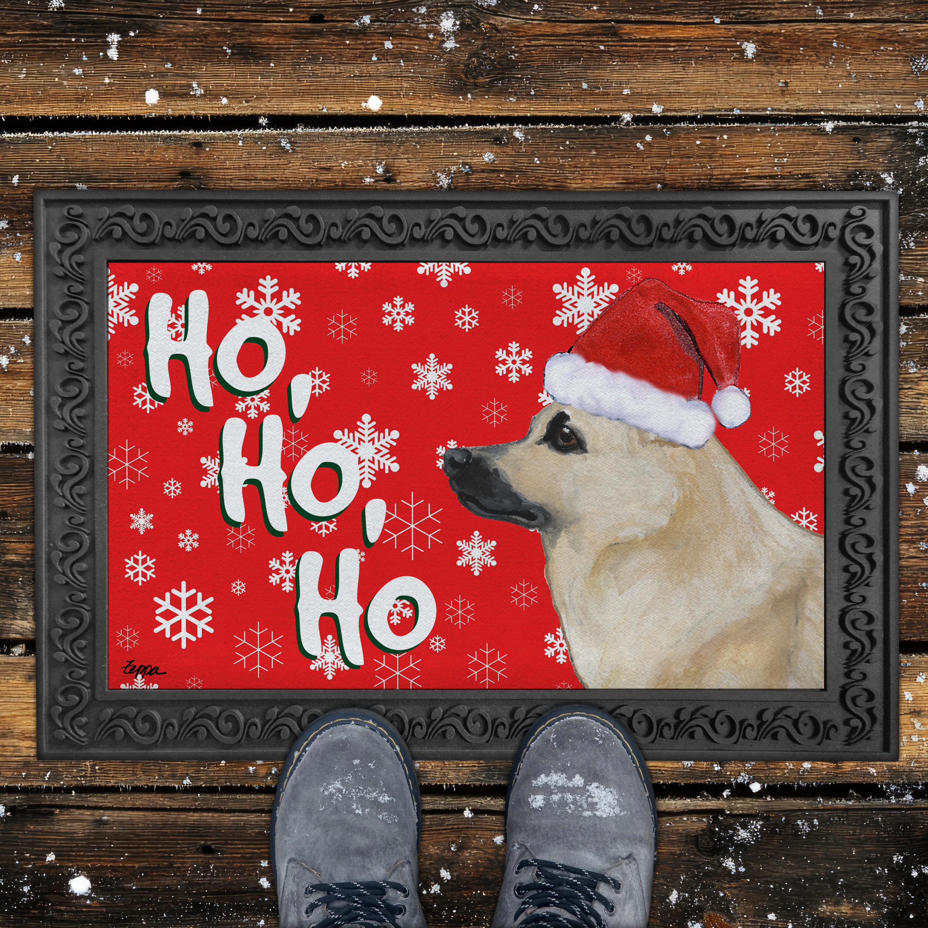 Norwegian Buhund Ho Ho Ho Doormat in Red.
