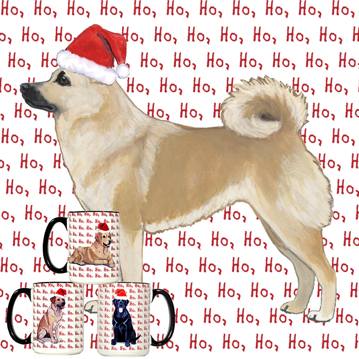 Norwegian Buhund on ho ho ho text background mugs.