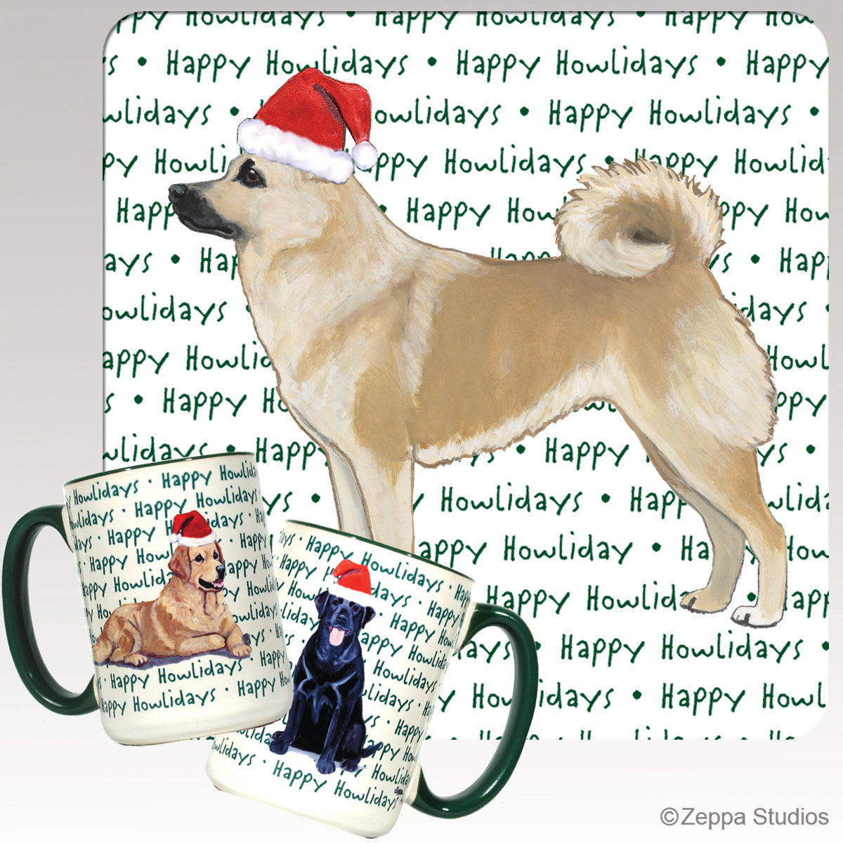 Norwegian Buhund on happy howlidays text background mugs.