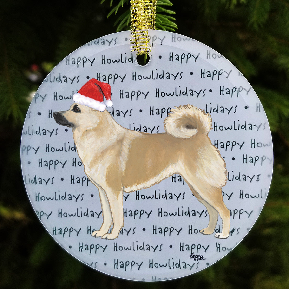 Norwegian Buhund on happy howlidays text background ornament.