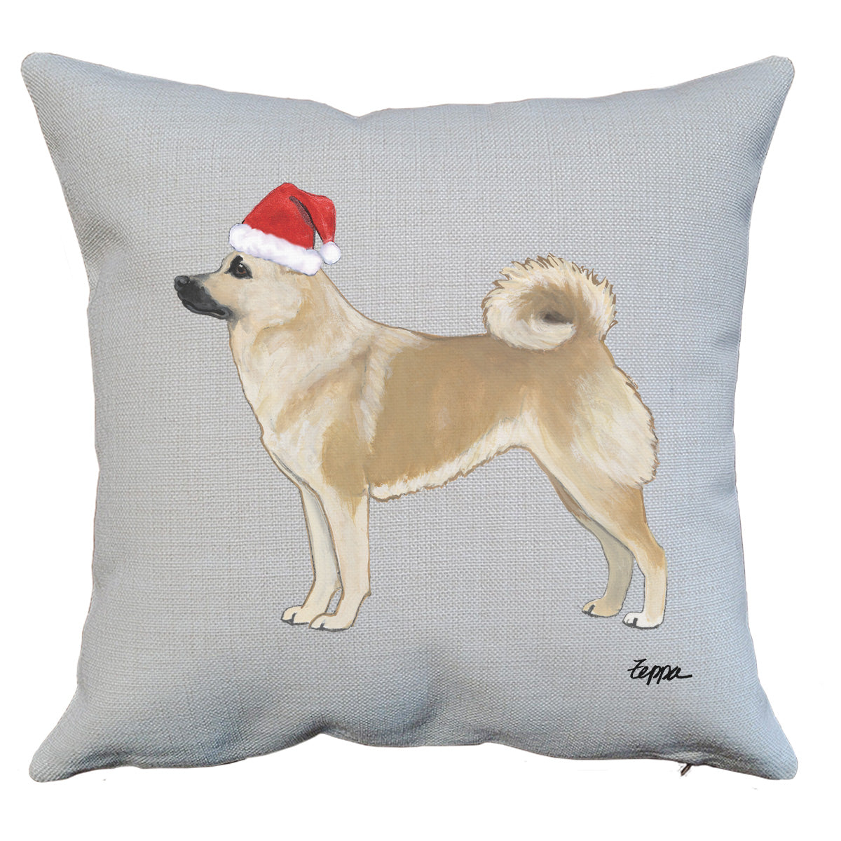 Norwegian Buhund in a Santa hat on a linen throw pillow