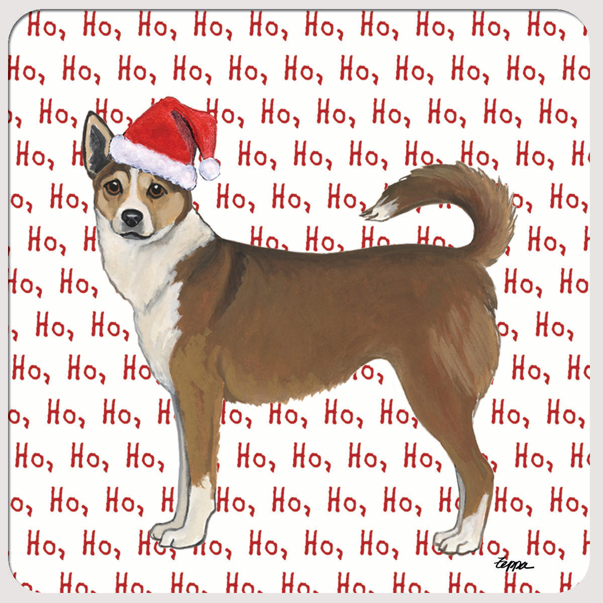 Norwegian Lundehund in a Santa hat on a ho ho ho design beverage coaster