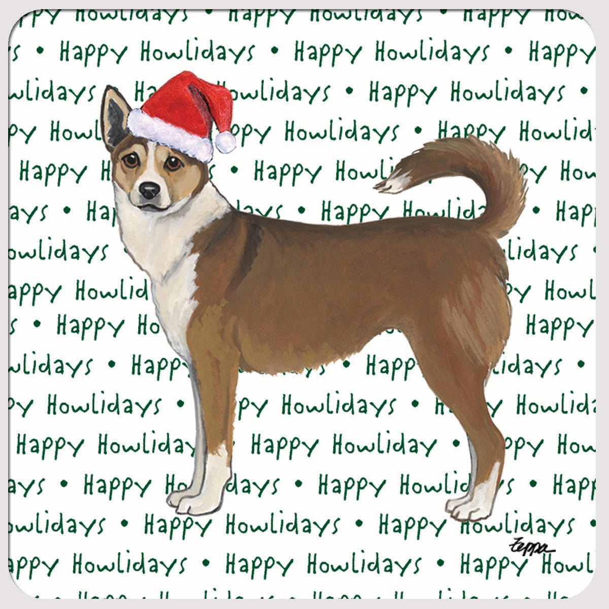 Norwegian Lundehund in a Santa hat on a happy howlidays beverage coaster