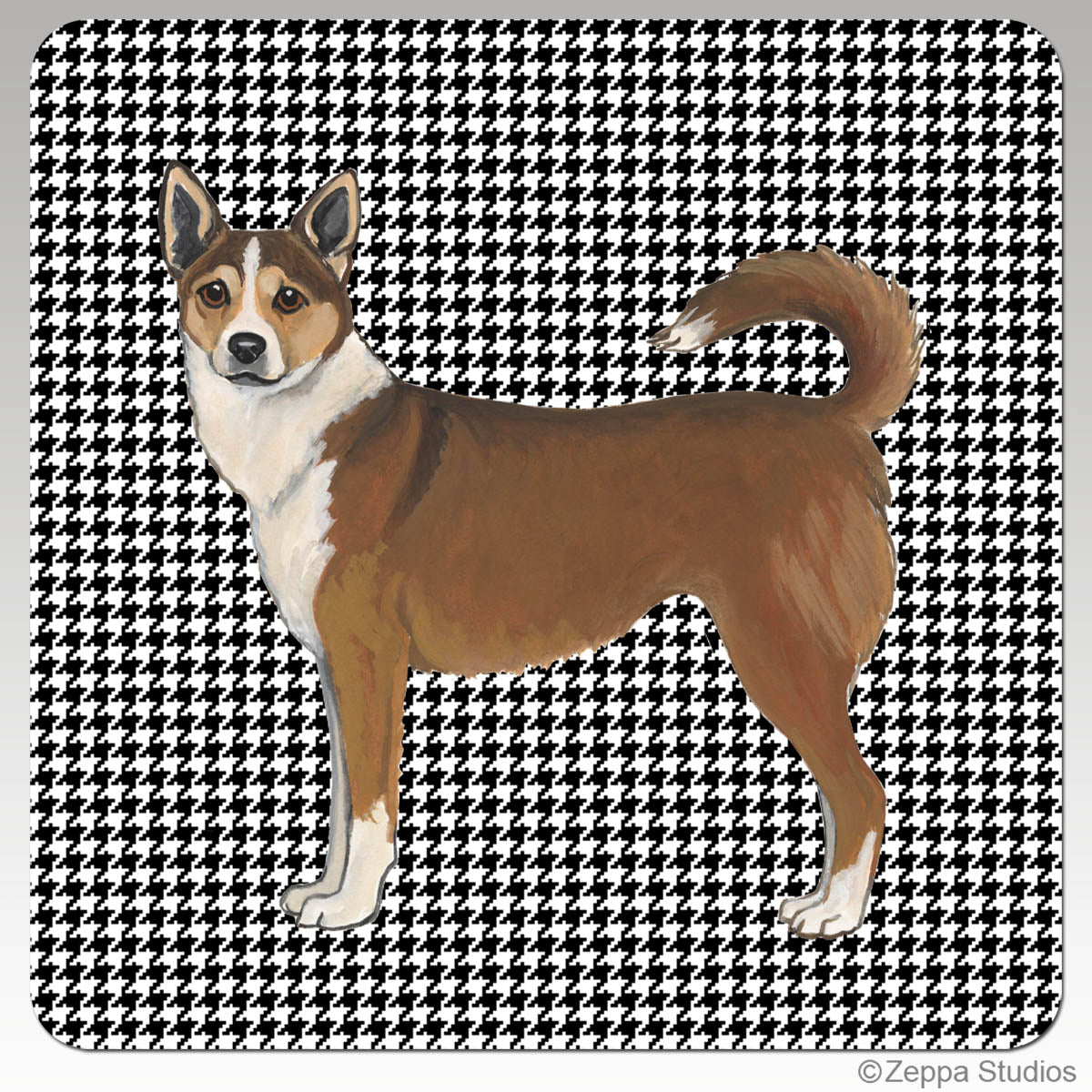 Norwegian Lundehund on a houndstooth background beverage coaster.