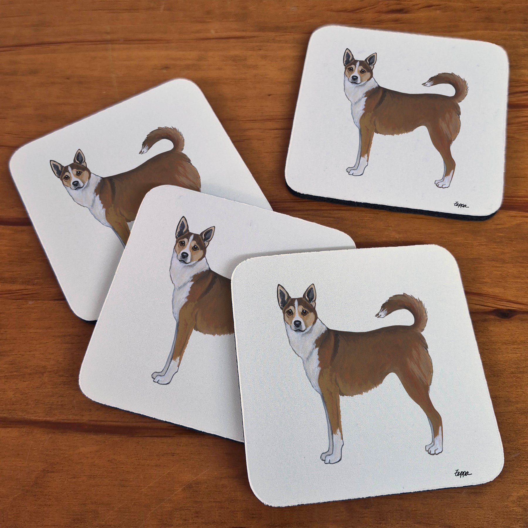 Set of 4 Norwegian Lundehund design plain rubber beverage coasters