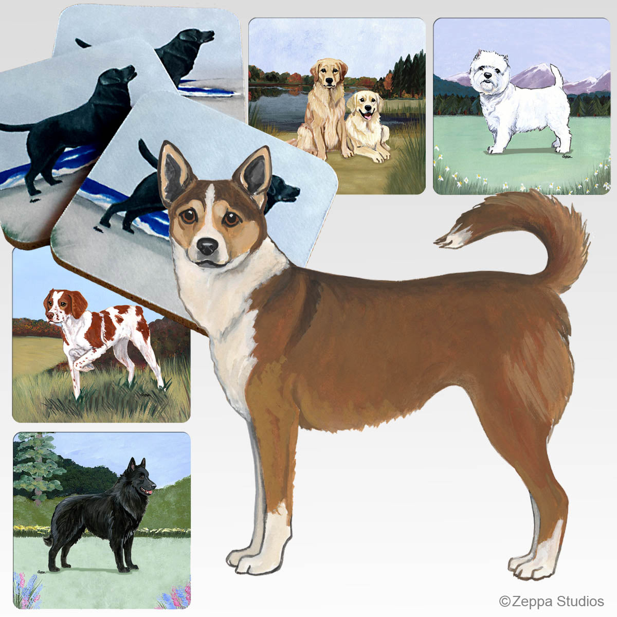 Norwegian Lundehund on scenic background design beverage coasters.