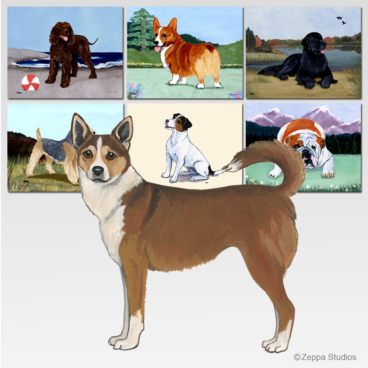 Norwegian Lundehund on scenic background glass cutting boards.