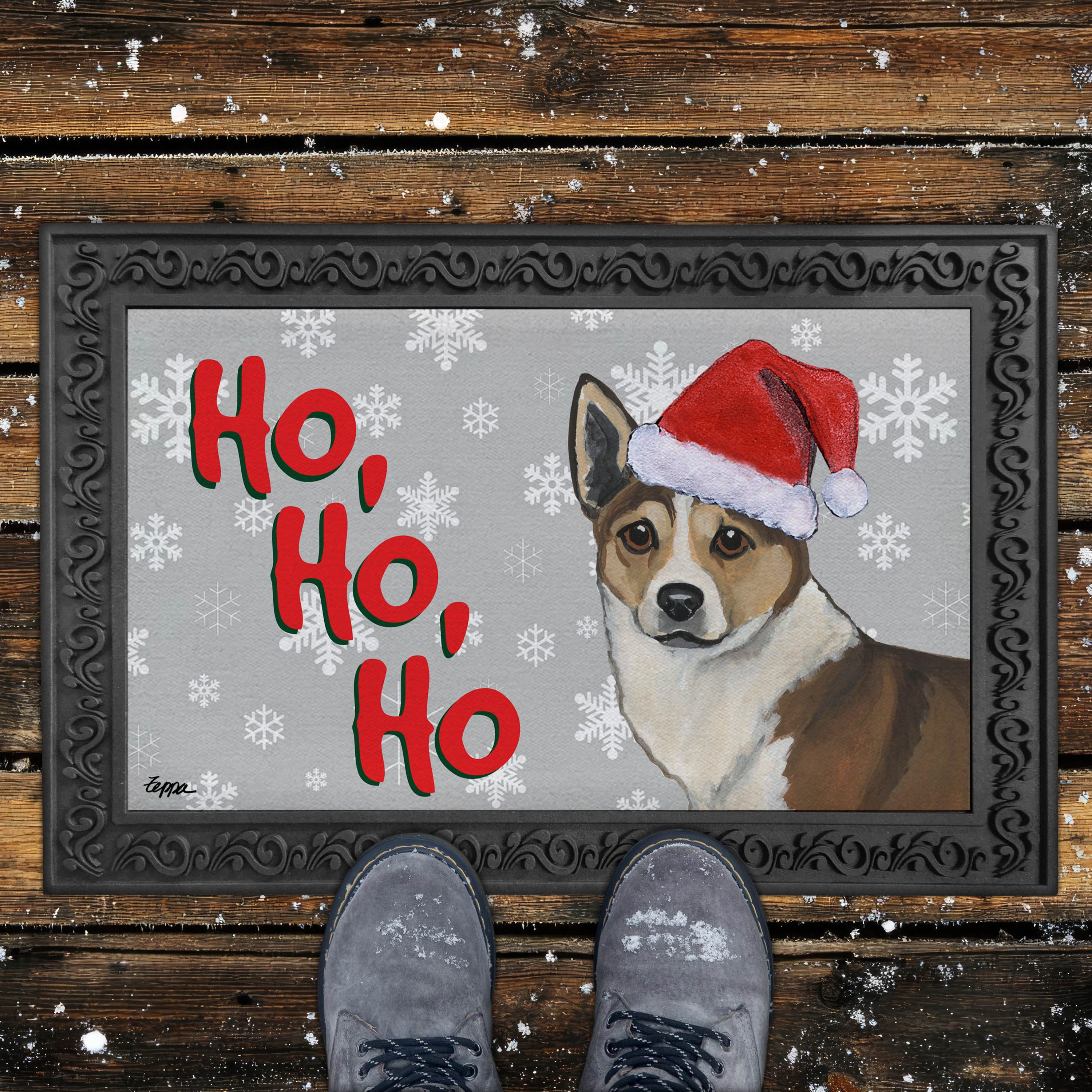 Holiday Doormat with a Norwegian Lundehund in a Santa hat on a grey snowflake background.