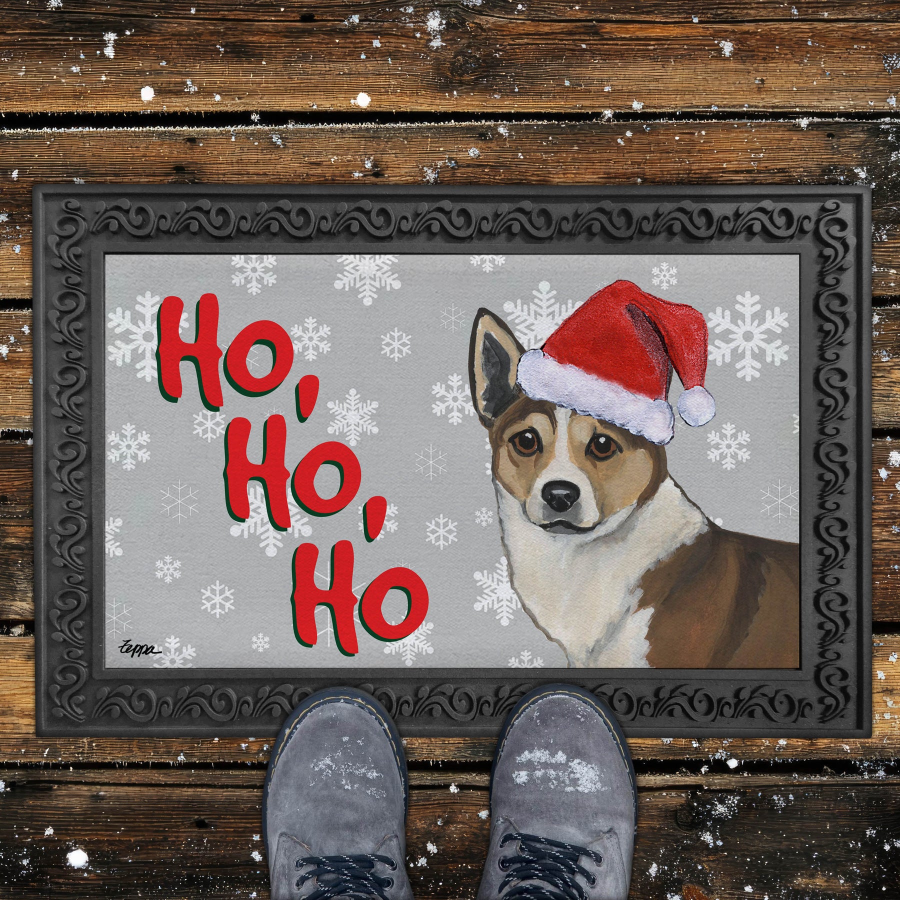 Holiday Doormat with a Norwegian Lundehund in a Santa hat on a grey snowflake background.
