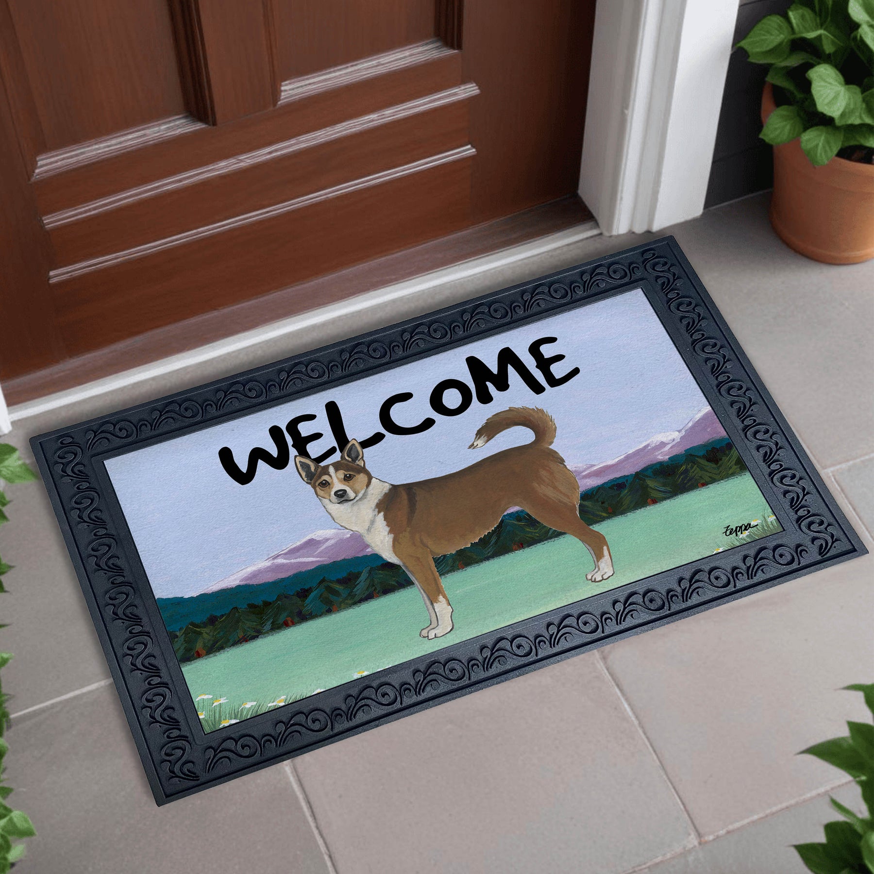 Norwegian Lundehund on a mountain scene Welcome doormat.