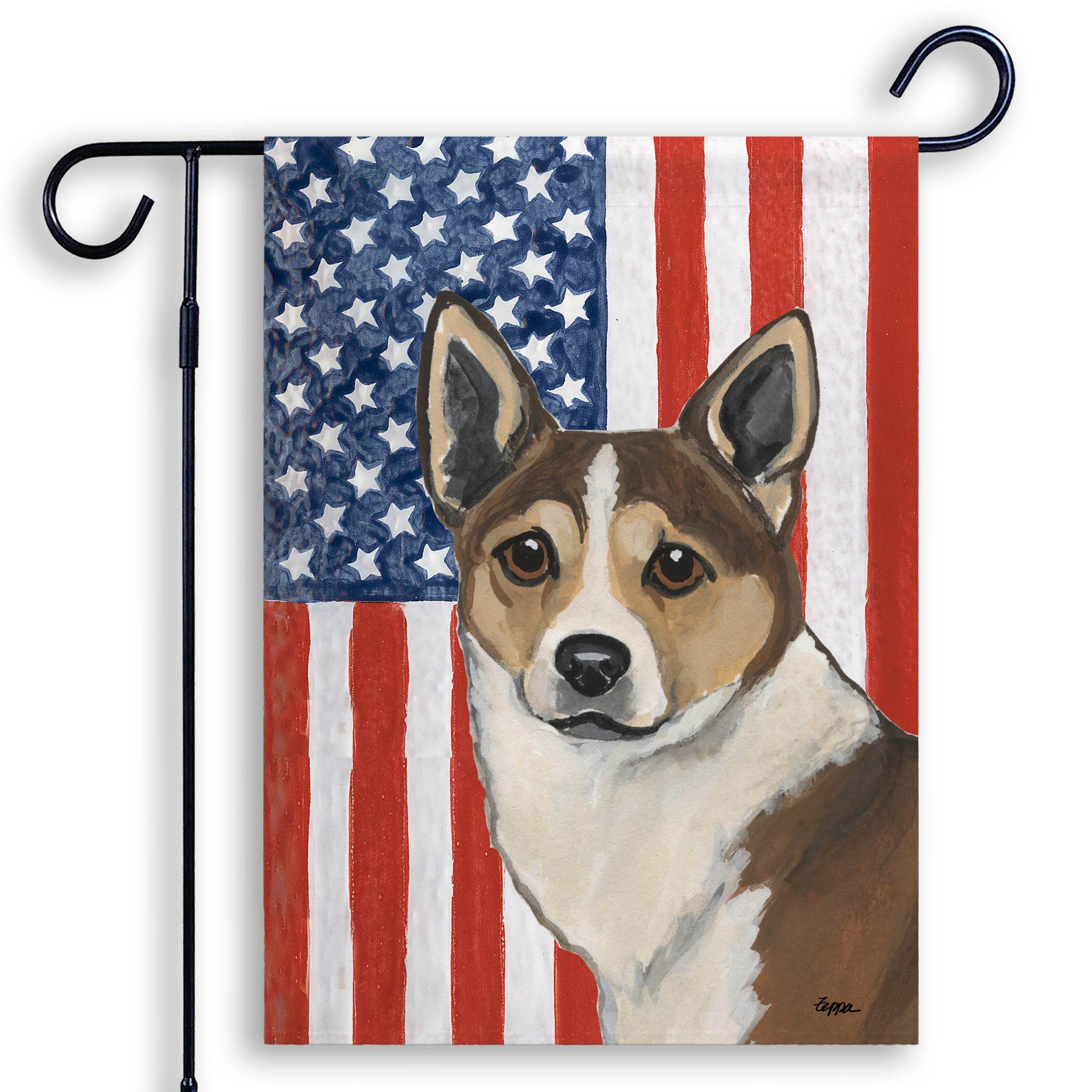 Garden Flag with a Norwegian Lundehund on an American Flag background.