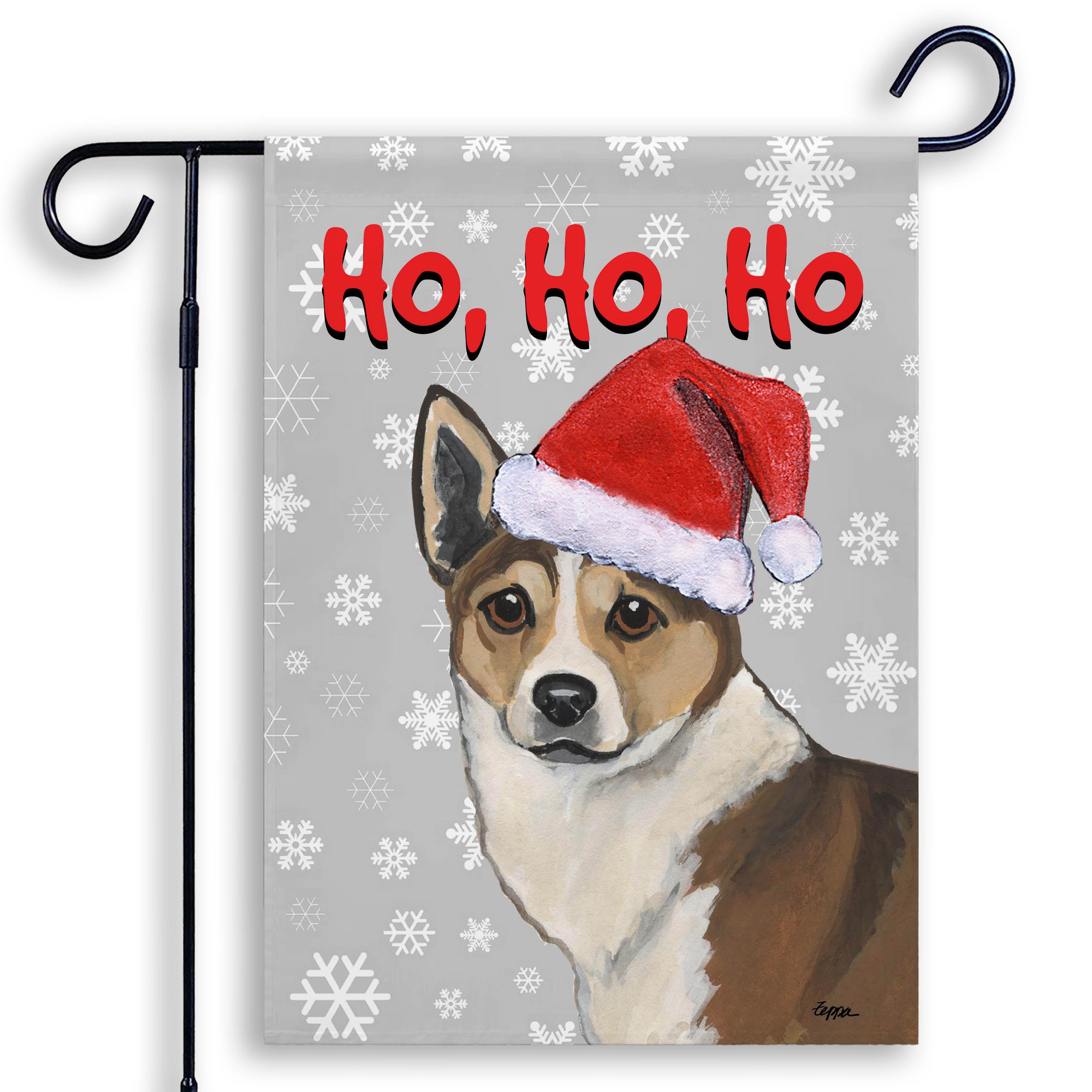 Holiday Garden Flag with a Norwegian Lundehund in a Santa hat on a grey snowflake background.