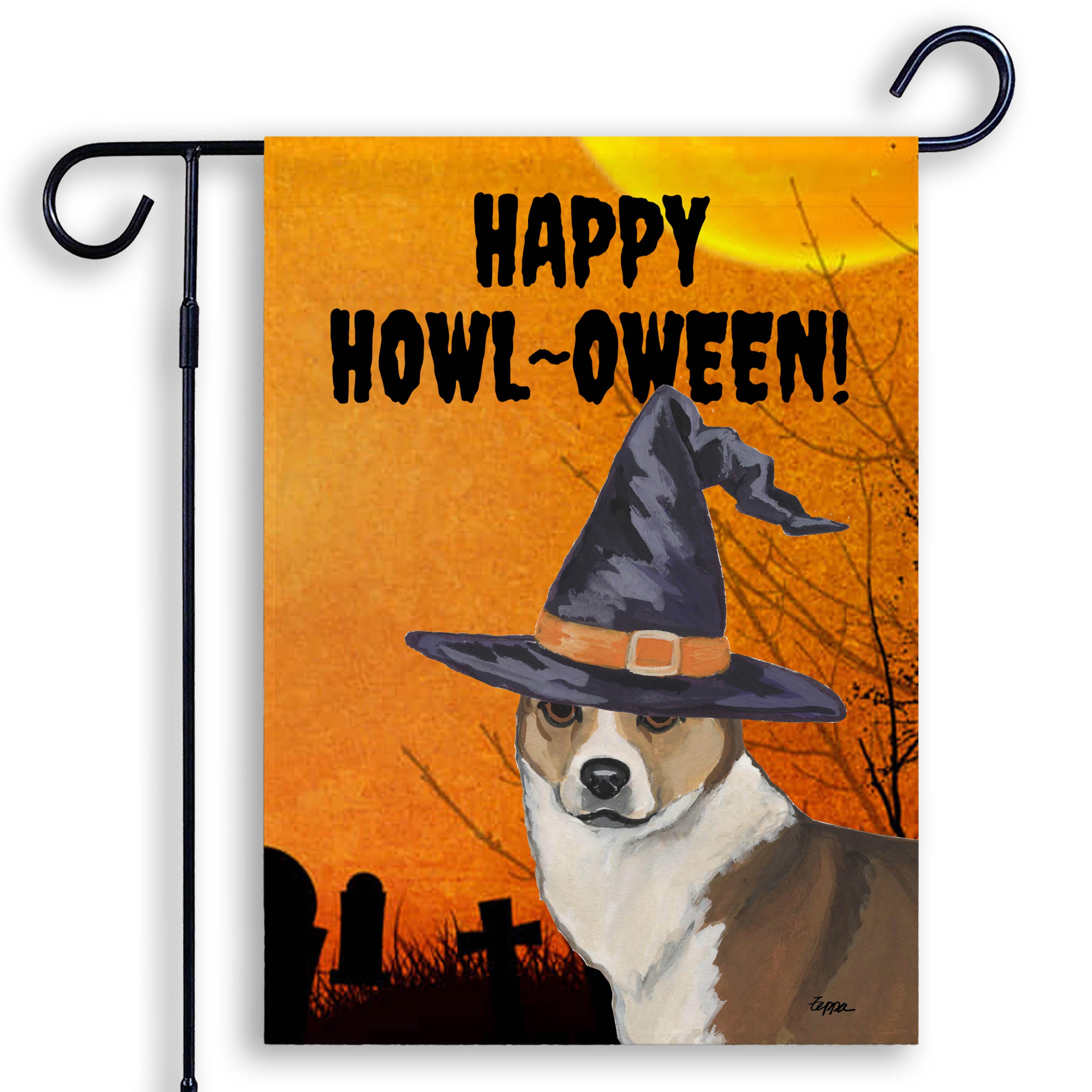 Norwegian Lundehund in a witch's hat on a happy halloween garden flag