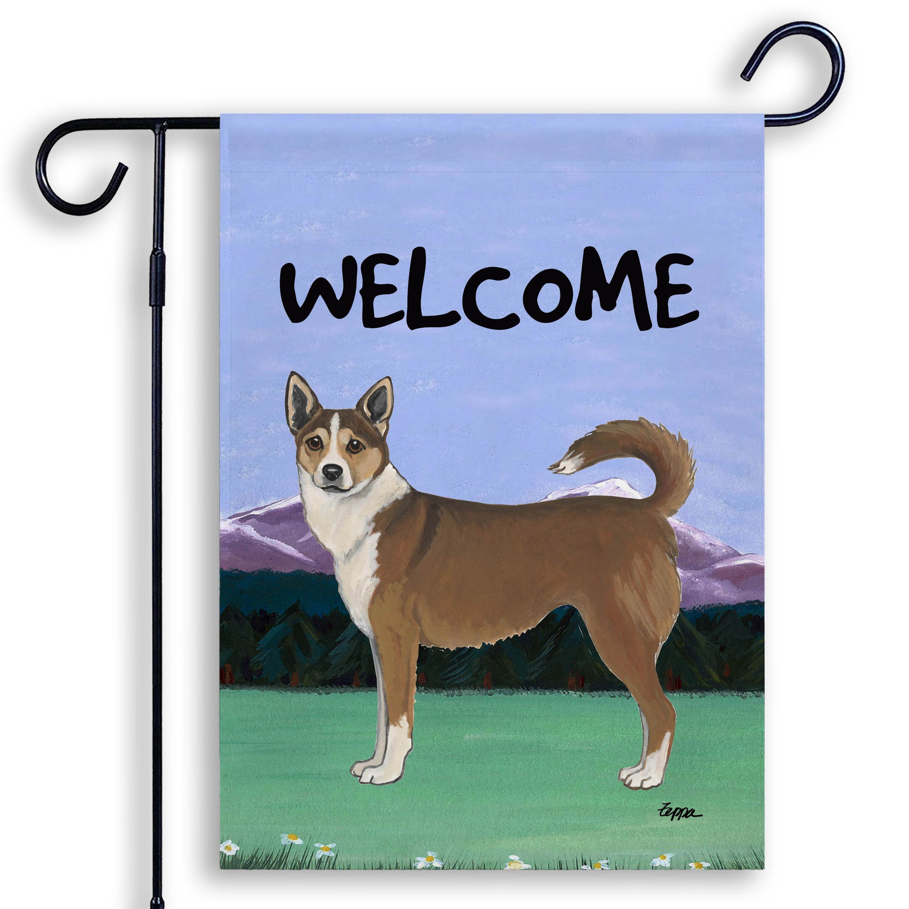 Norwegian Lundehund on a mountain scene Welcome garden flag.