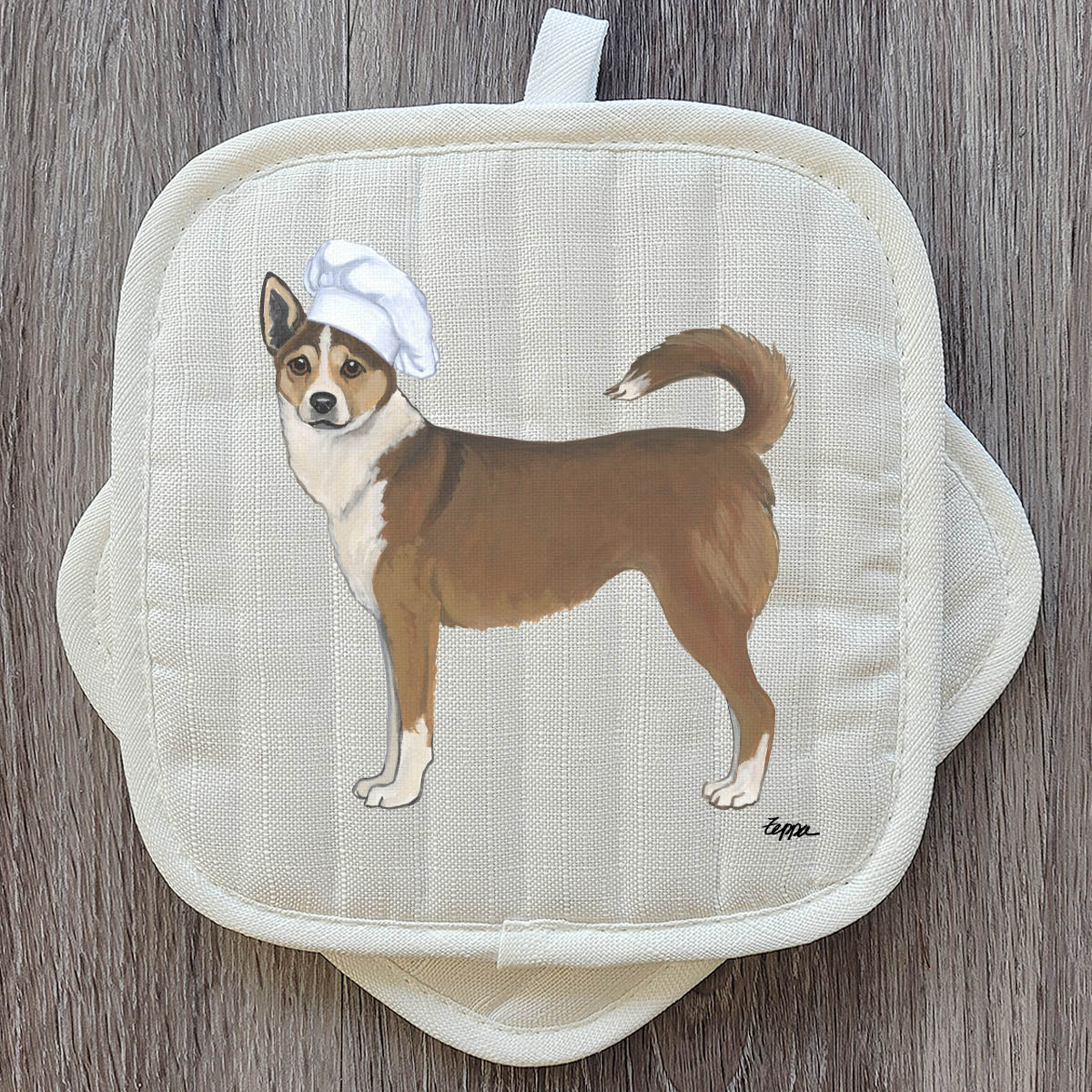 Norwegian Lundehund in a chef's hat design on a set of pot holders.