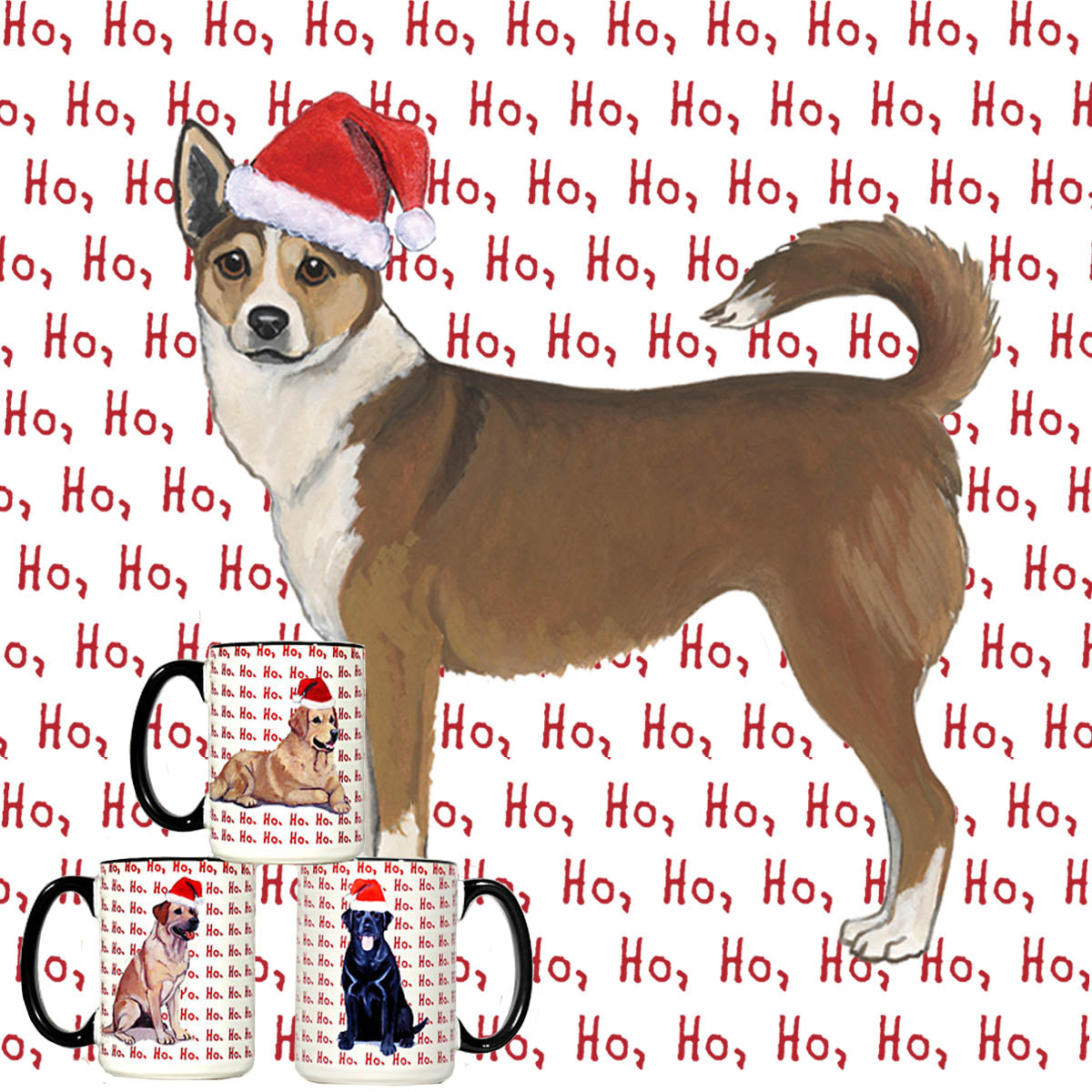 Norwegian Lundehund in a Santa hat on a ceramic happy howlidays wrap mug.