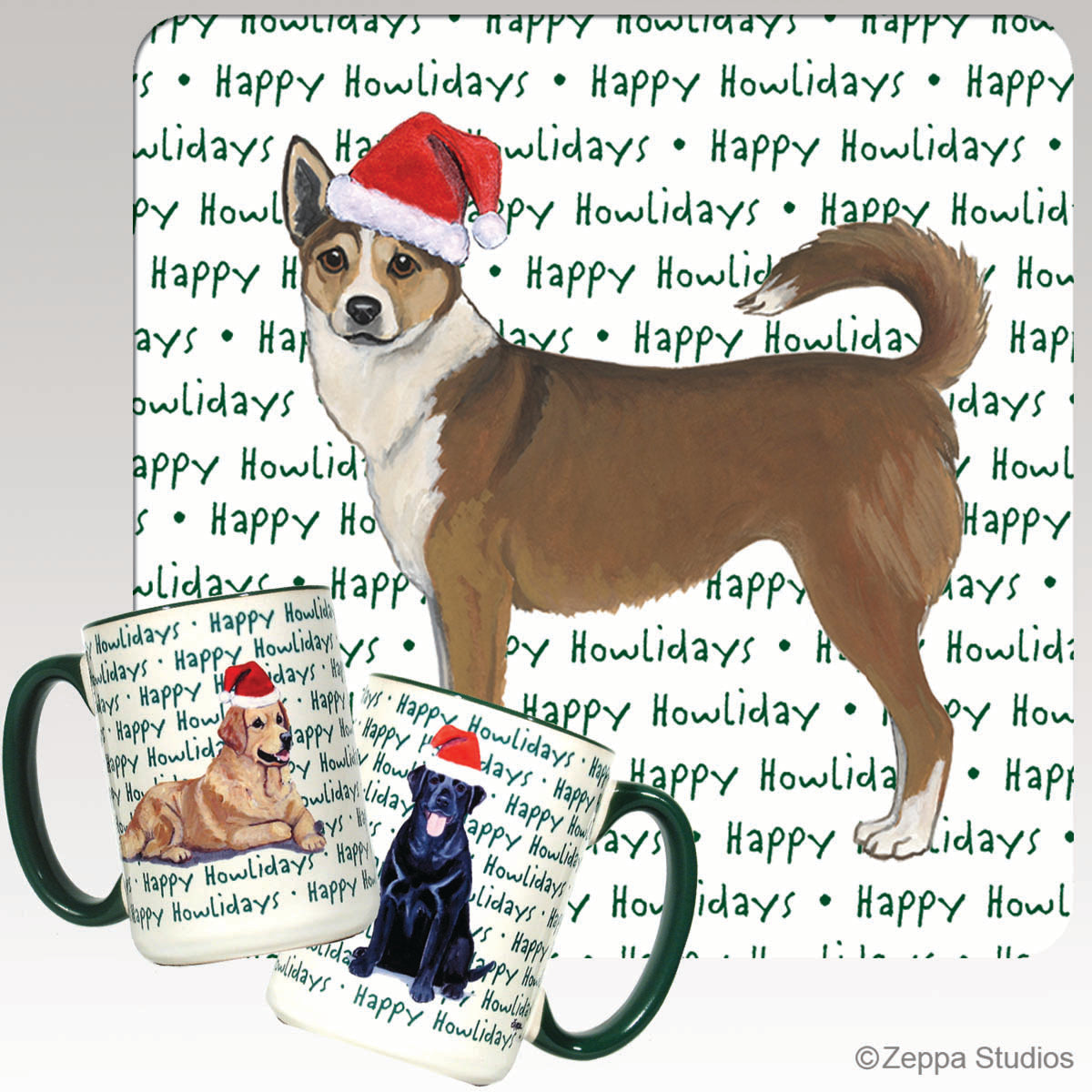 Norwegian Lundehund in a Santa hat on a ceramic happy howlidays wrap mug.