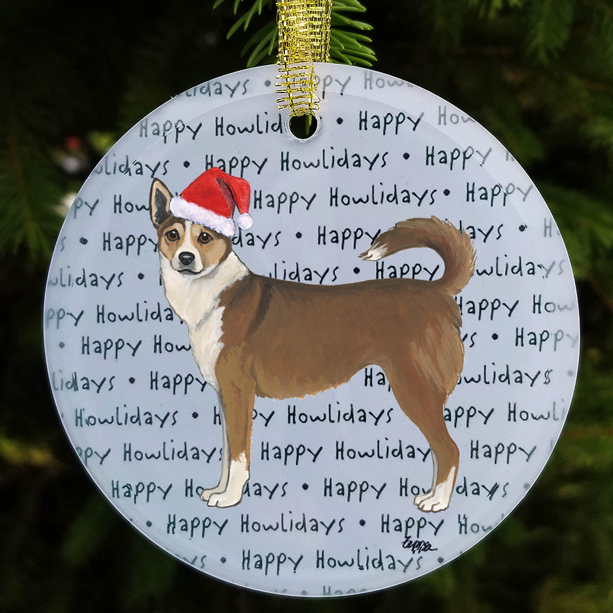 Norwegian Lundehund in a Santa hat on a glass Christmas ornament.