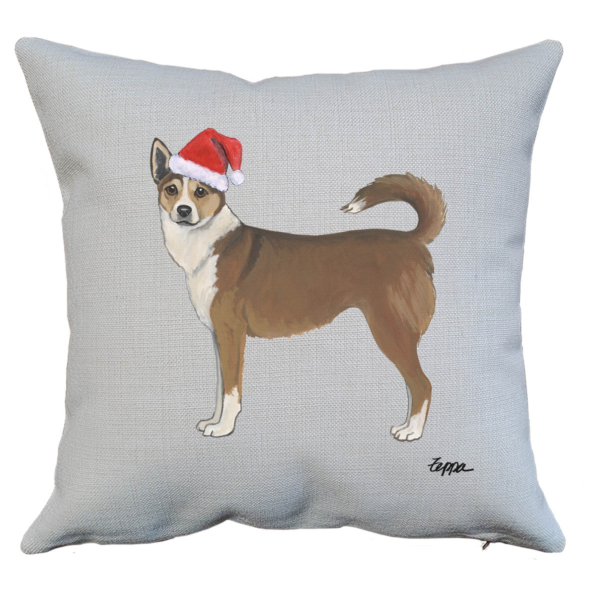 Norwegian Lundehund in a Santa hat design on a linen throw pillow.