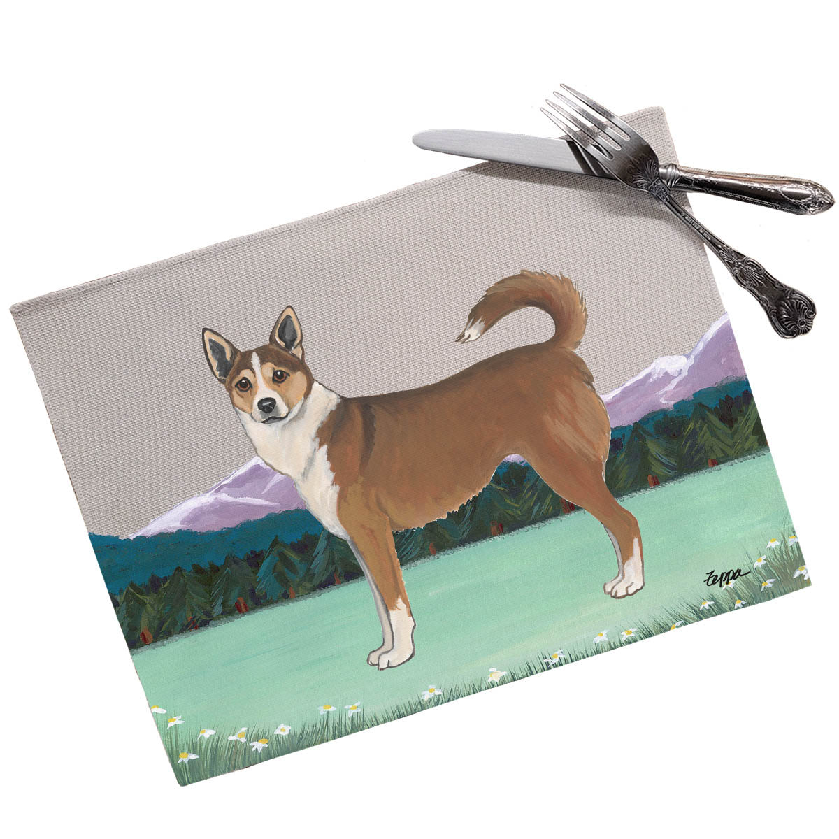 Norwegian Lundehund mountain scene linen placemats.