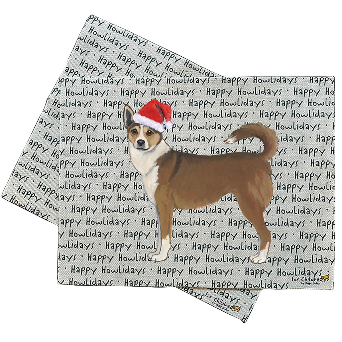 Norwegian Lundehund in a Santa hat on a happy howliday background design linen placemats.