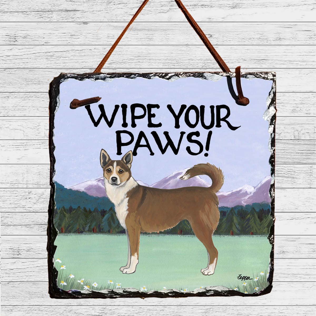 Norwegian Lundehund on a mountain scene Wipe Your Paws slate sign.