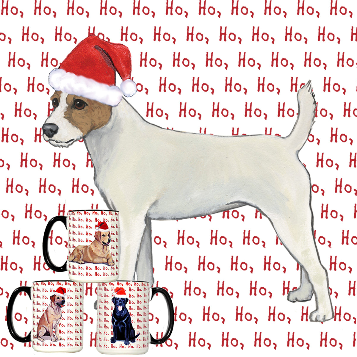 Parson Russell Terrier in a Santa Hat on Mugs with a Ho Ho Ho text background.