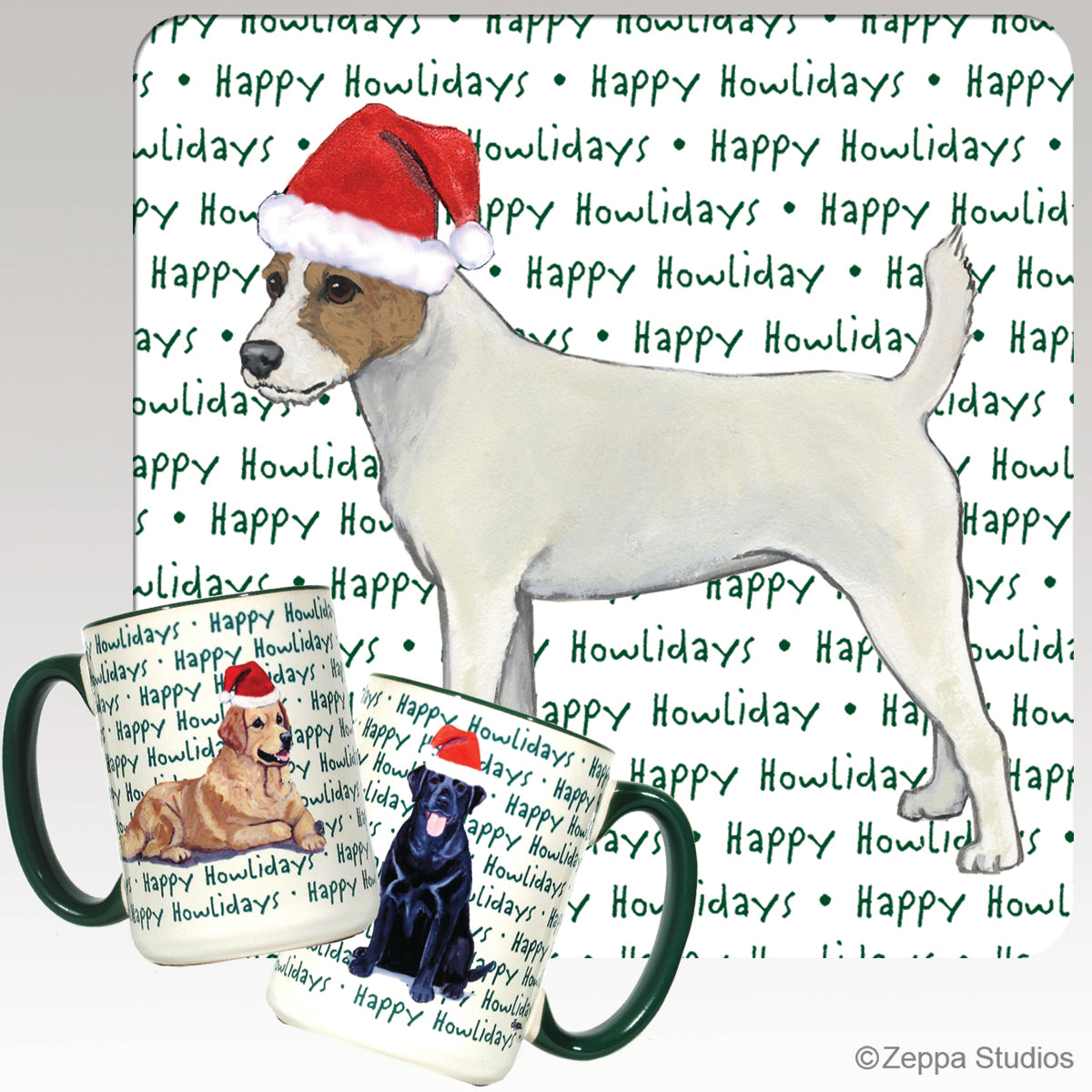Parson Russell Terrier in a Santa Hat on Mugs with a Happy Howliday text background.