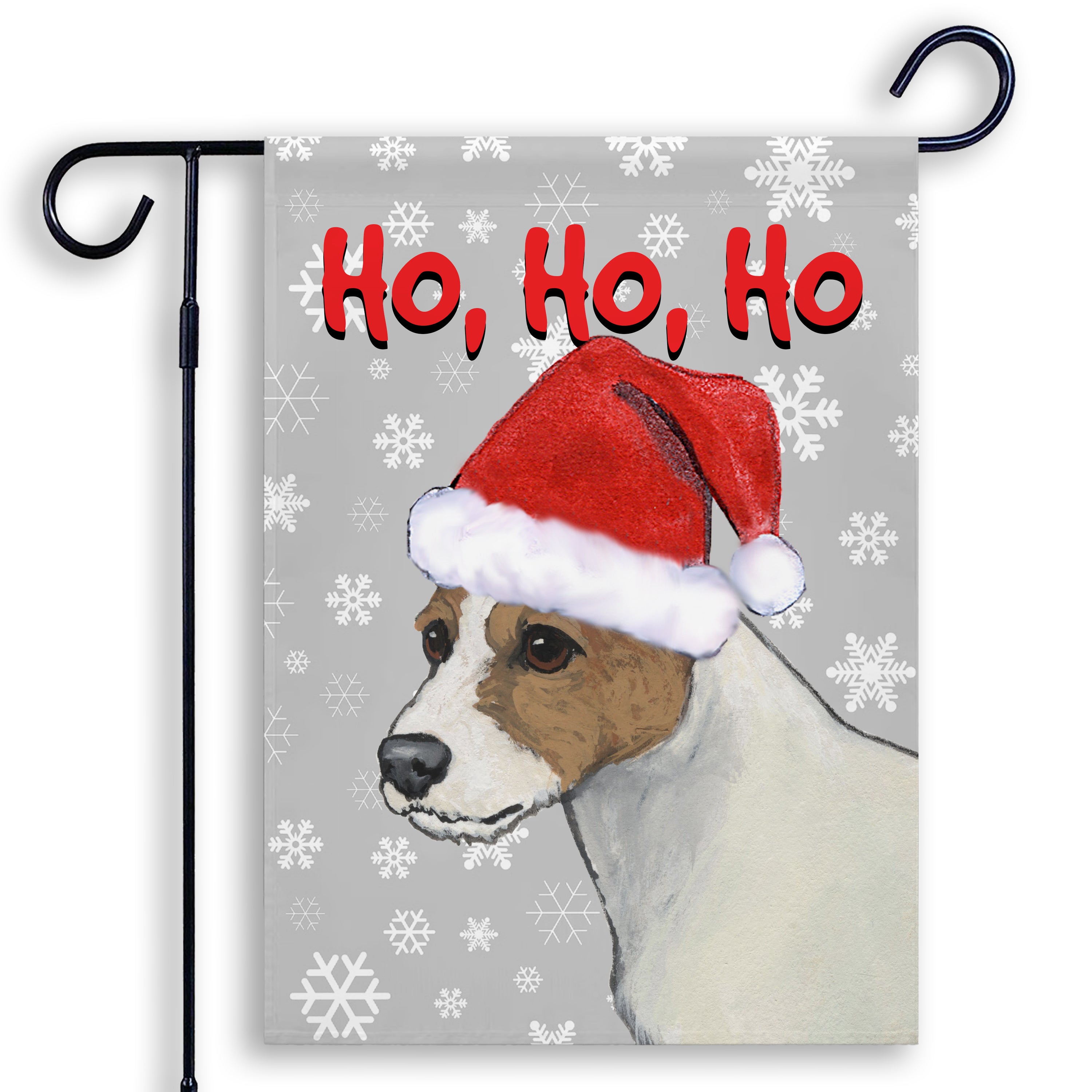 Christmas-themed garden flag with a Parson Russell Terrier wearing a Santa hat on a grey background with snowflakes.