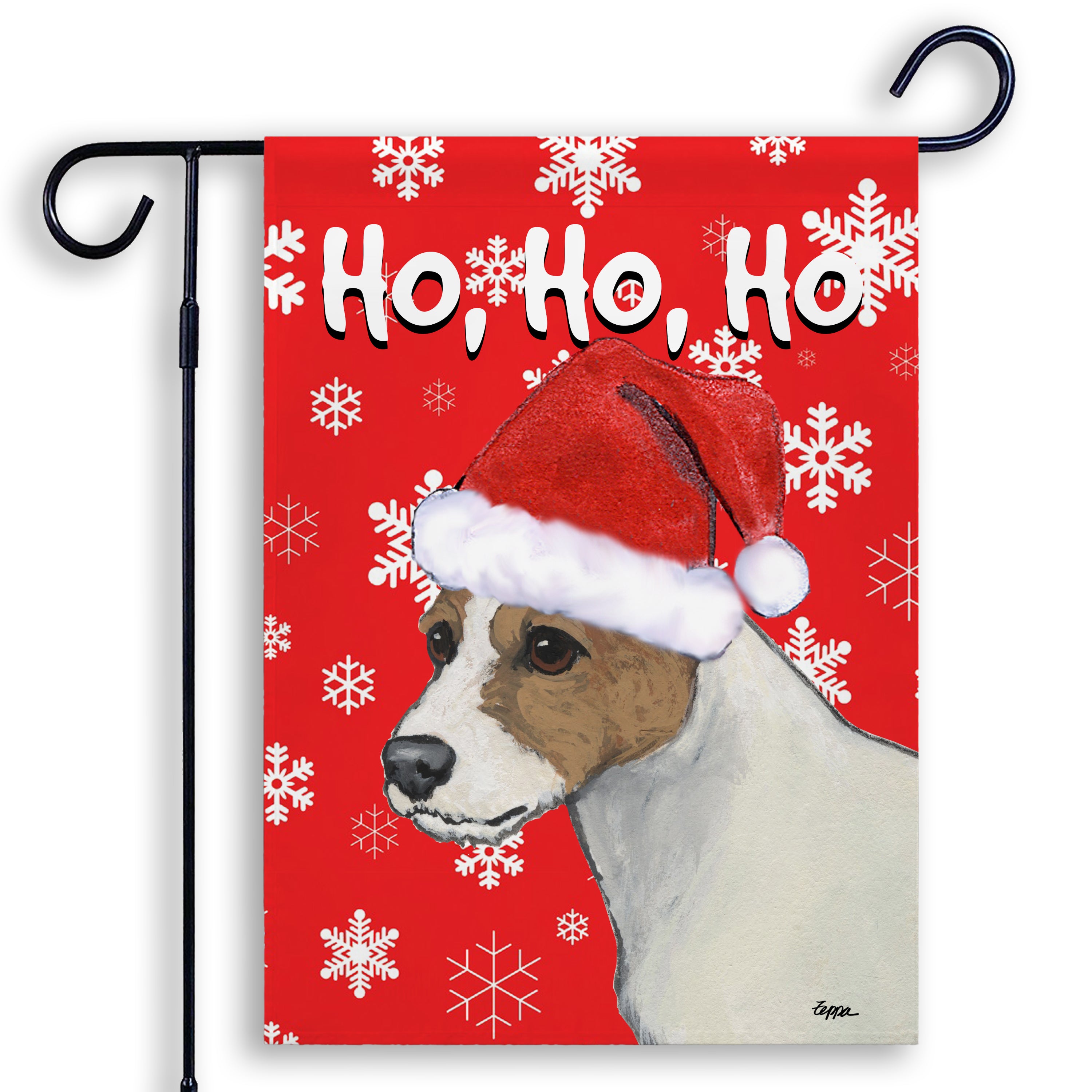 Christmas-themed garden flag with a Parson Russell Terrier wearing a Santa hat on a red background with snowflakes.