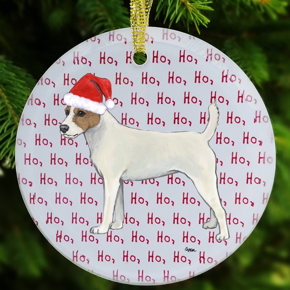 A Parson Russell in a Santa Hat on a round glass ornament with a ho, ho ho text background.