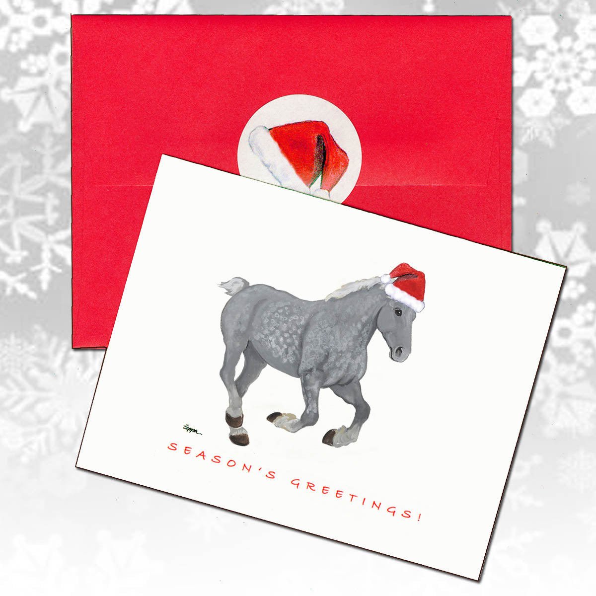 Christmas card with a Percheron horse wearing a Santa hat.