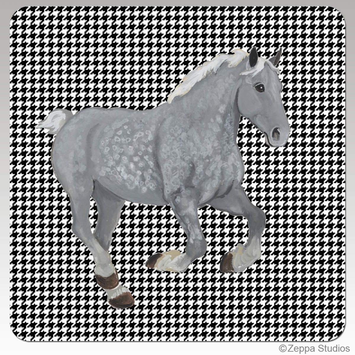 Gray Percheron horse on a houndstooth patterned coaster