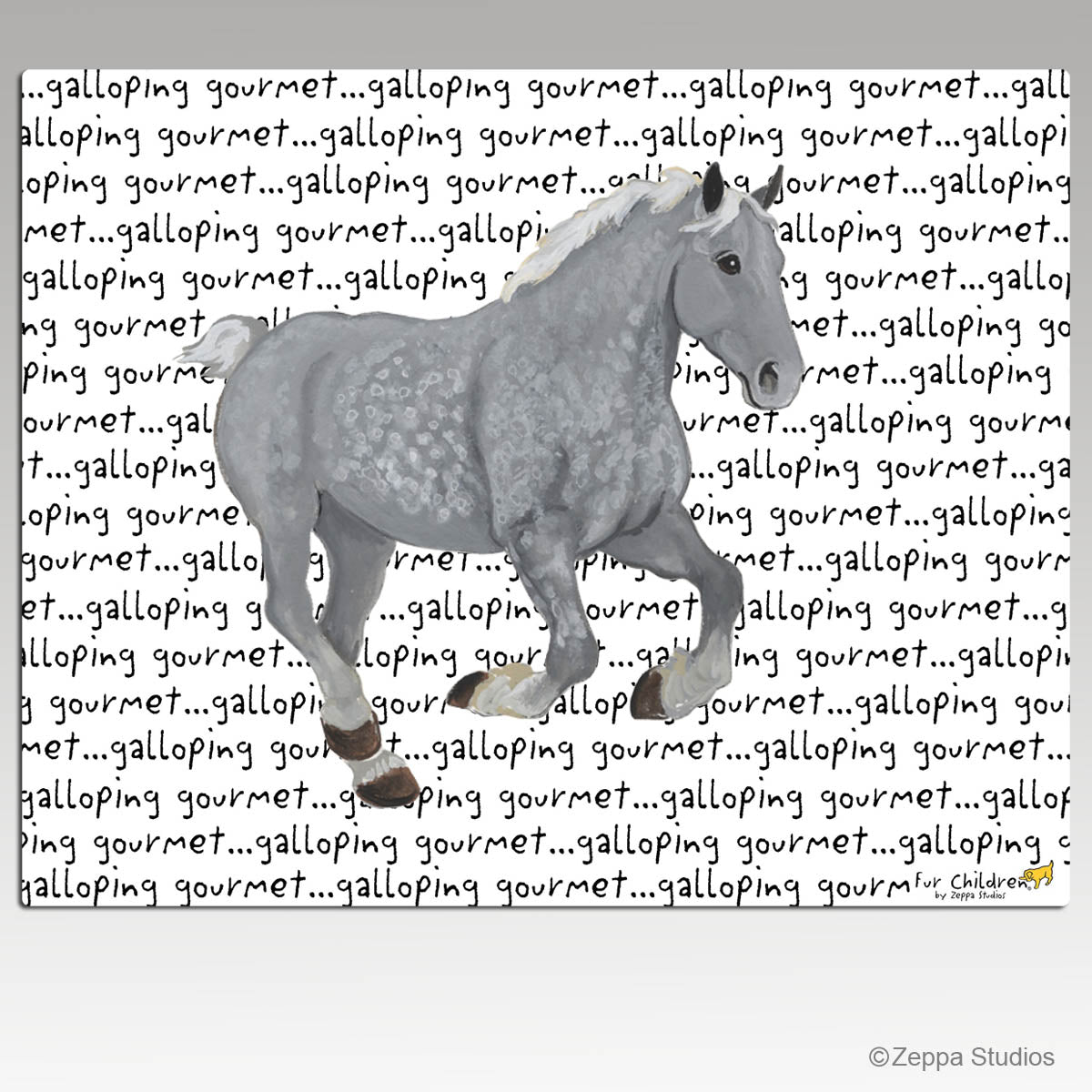 Gray Percheron horse on a white background cutting boards with text 'galloping gourmet' repeated.