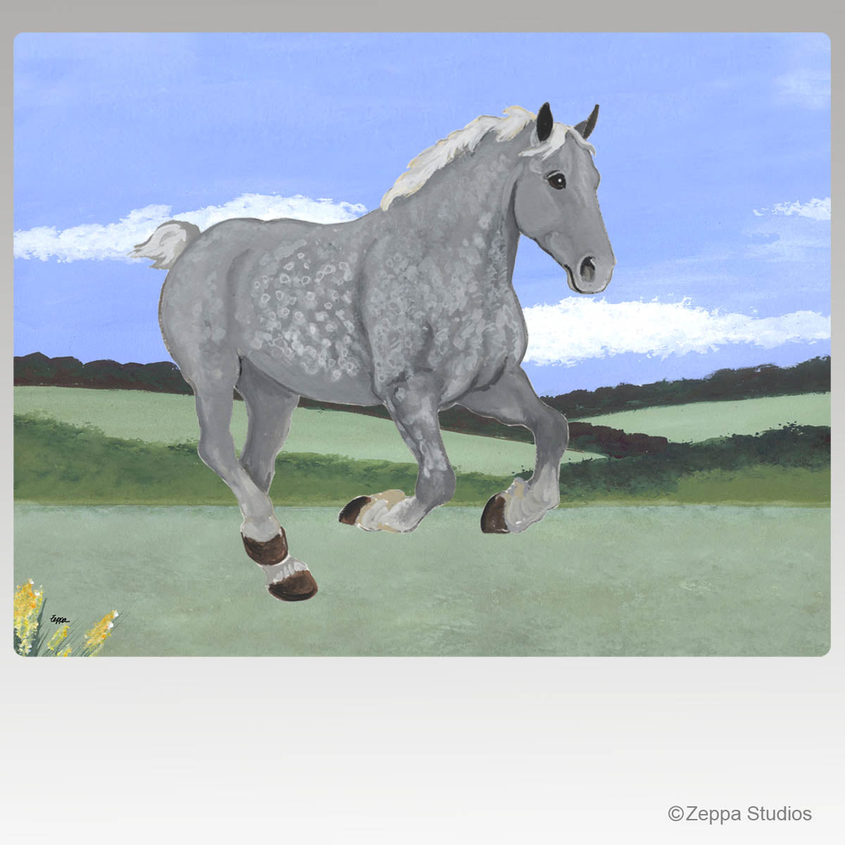 Painting of a gray horse running in a field with a blue sky on a glass cutting board.
