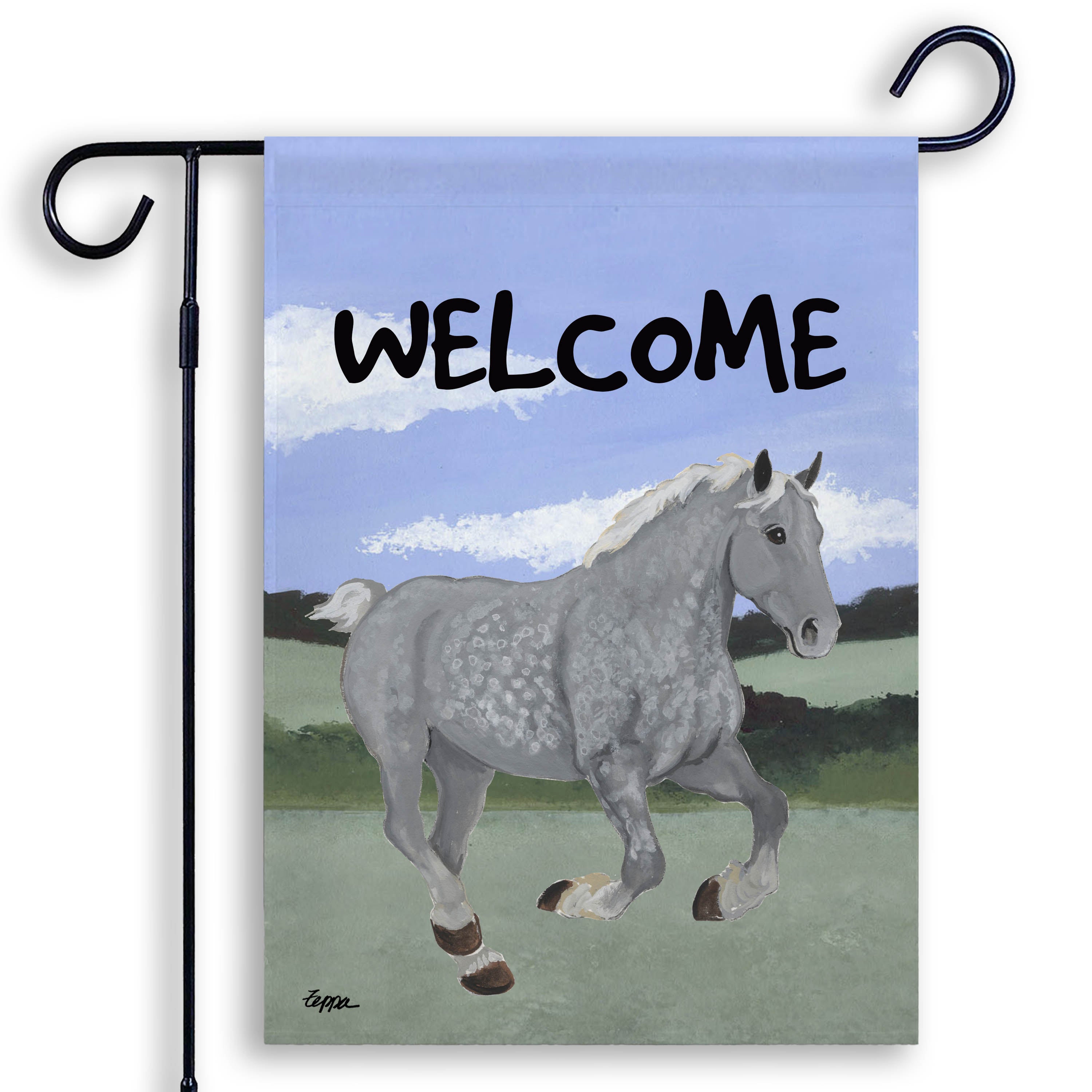 Garden flag with a Percheron horse and 'WELCOME' text on a blue sky background