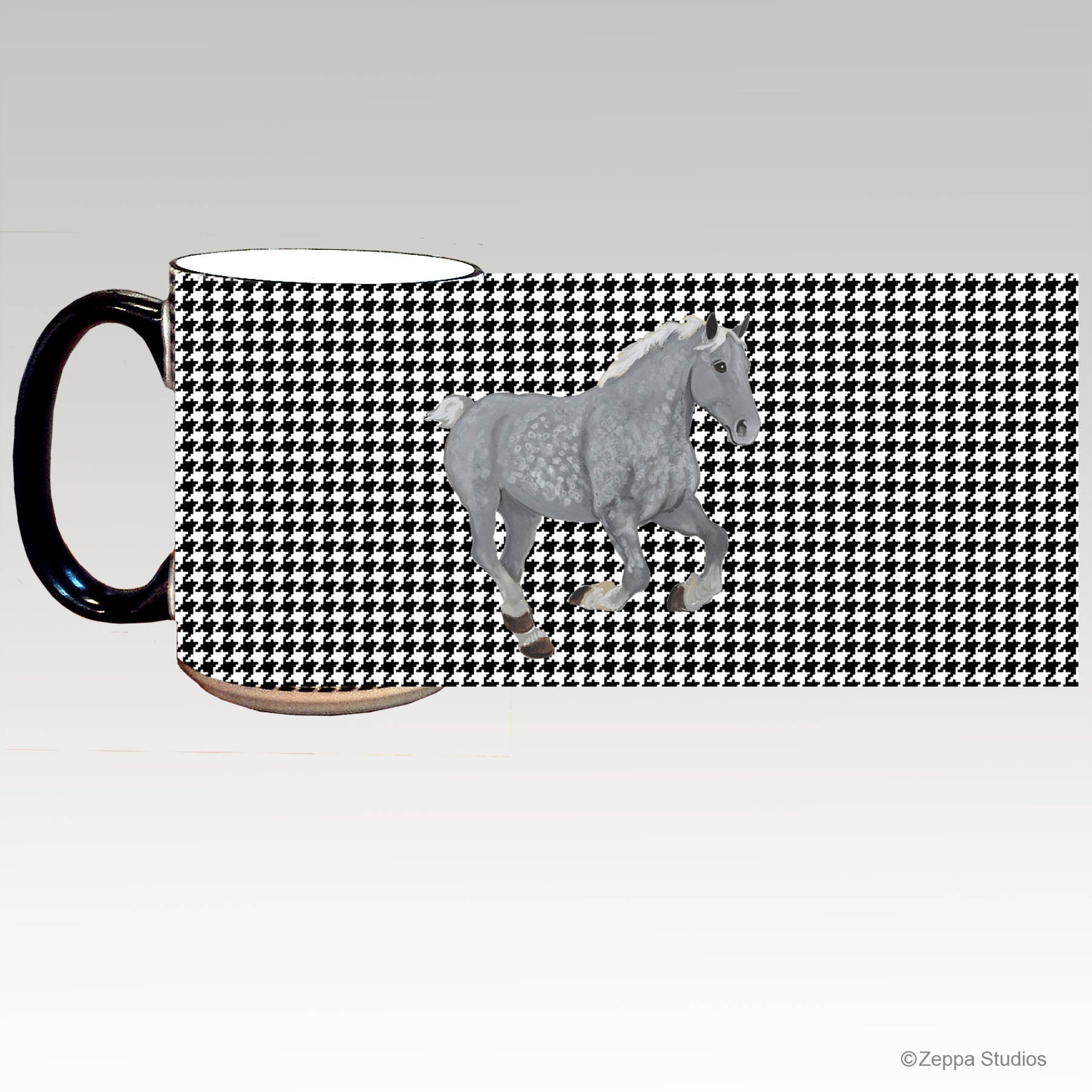 Mug with a Percheron horse design on a houndstooth pattern