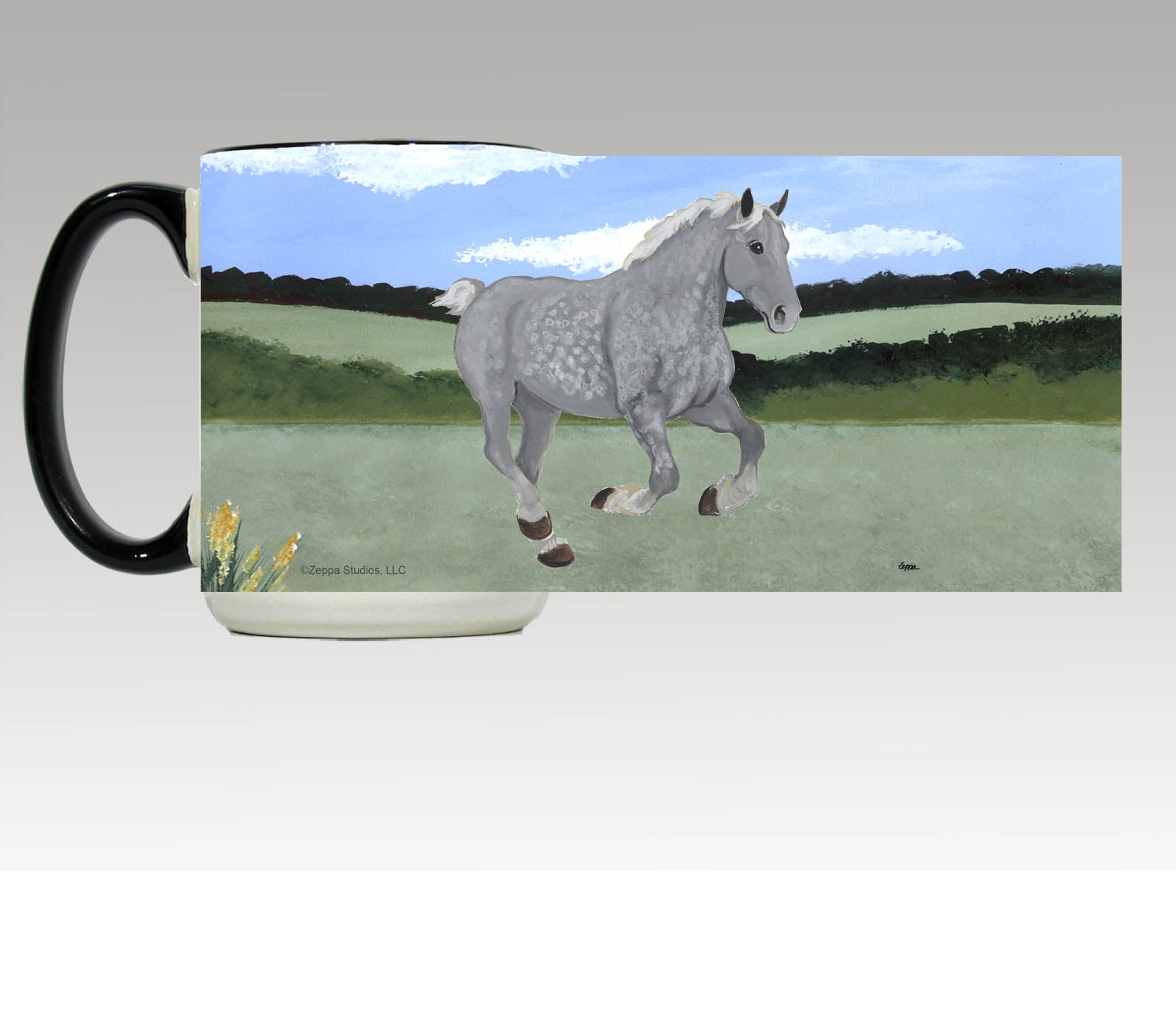 Percheron galloping in a field across a mug.