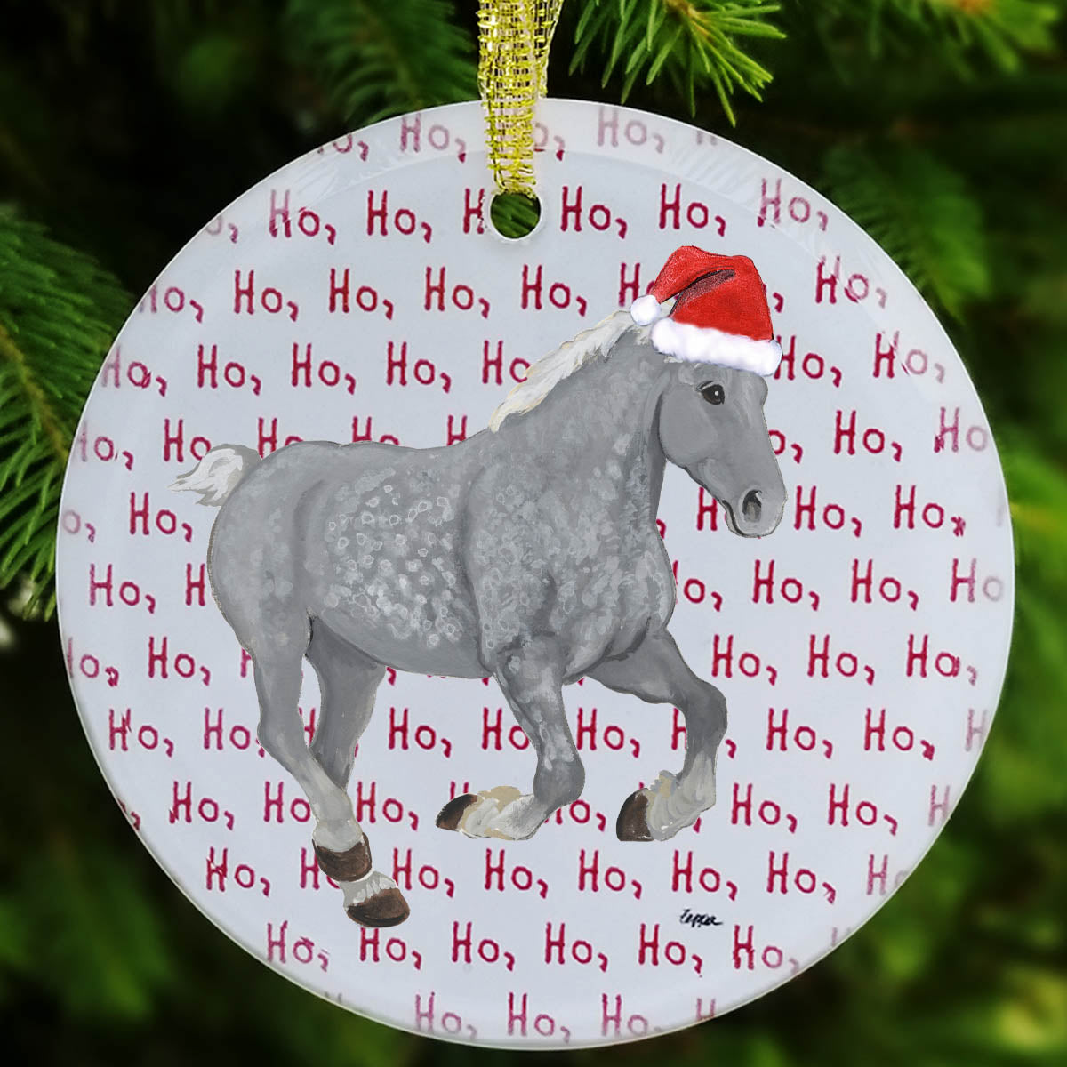 Christmas ornament with a Percheron horse wearing a Santa hat on a background of 'Ho, Ho, Ho' text.