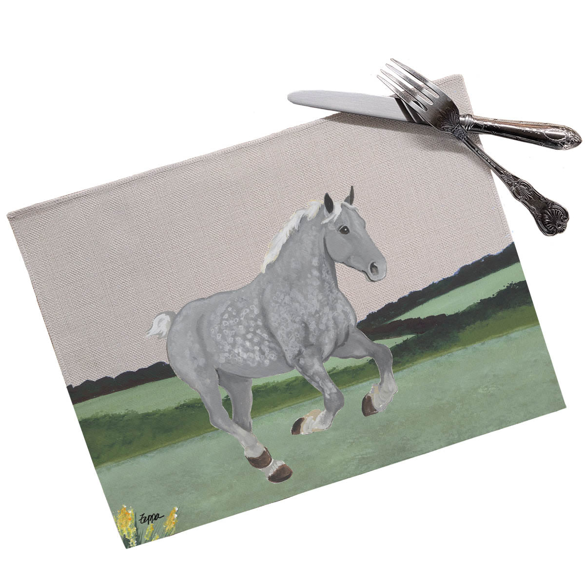 Placemat with a Percheron horse design.