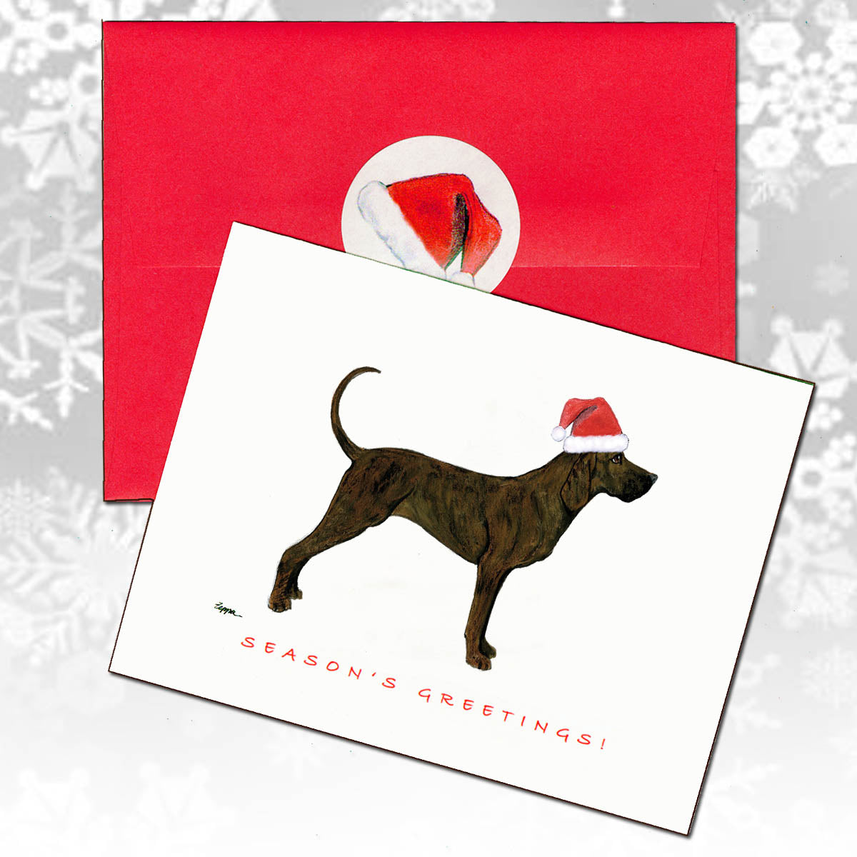Plott Hound Christmas Card with red envelope and Santa hat seal.