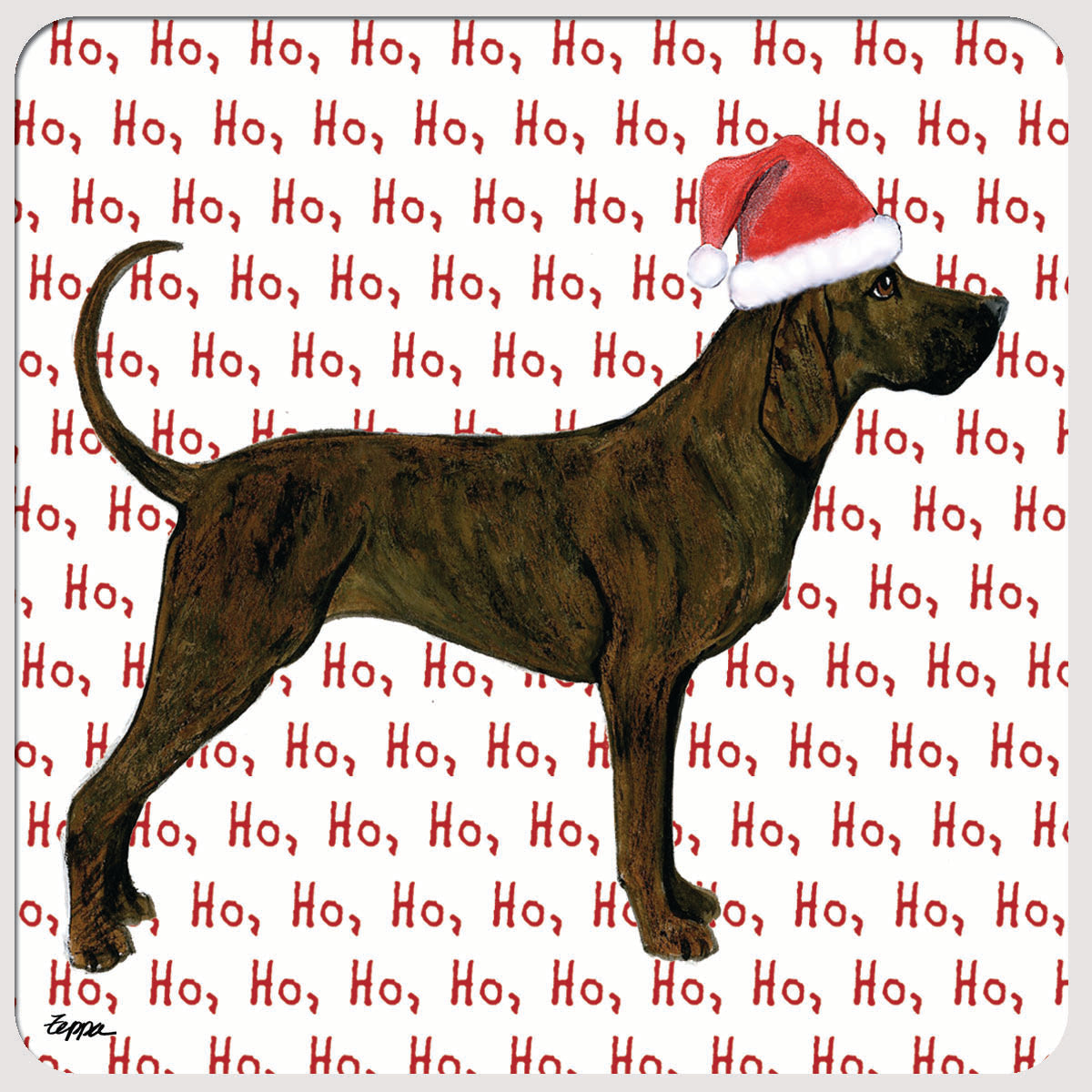 Plott Hound wearing a Santa hat on a poly/rubber coaster with a 'Ho, Ho, Ho' text
